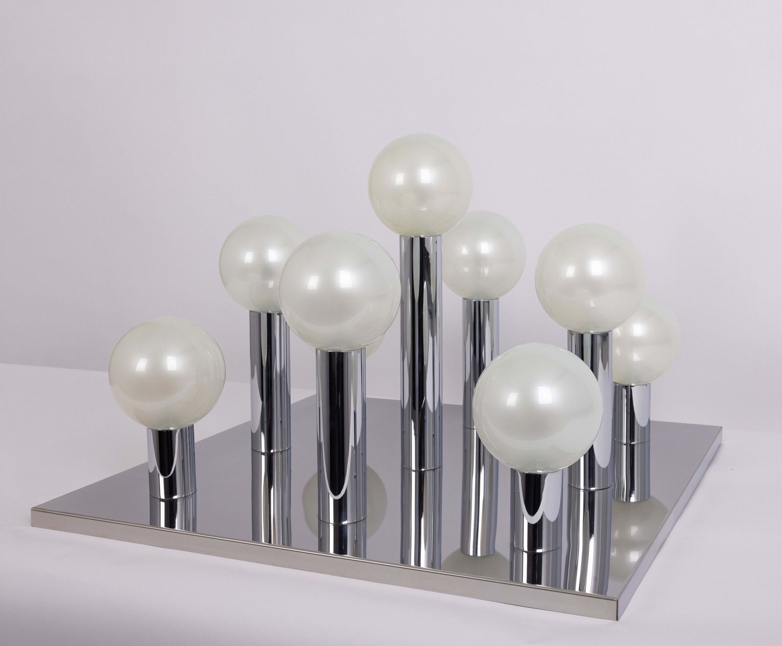 2 X Large Flushmount, Design Motoko Ishii, Chrome en Perlmut, Staff, jaren 1970 photo for sale