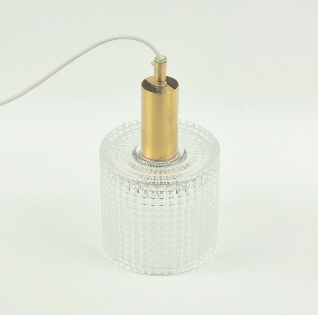 Mid Century Scandinavian Crystal Glass & Brass Pendant Light By Carl Fagerlund For Orrefors, Sweden, 1960s photo vintage