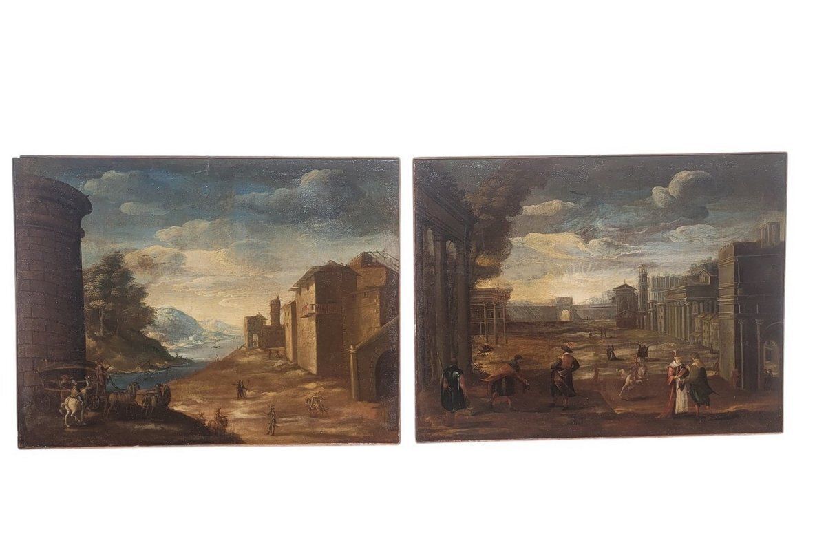 Paire de vues architecturales, 150 x 115 cm, Italie, XVIIe siècle