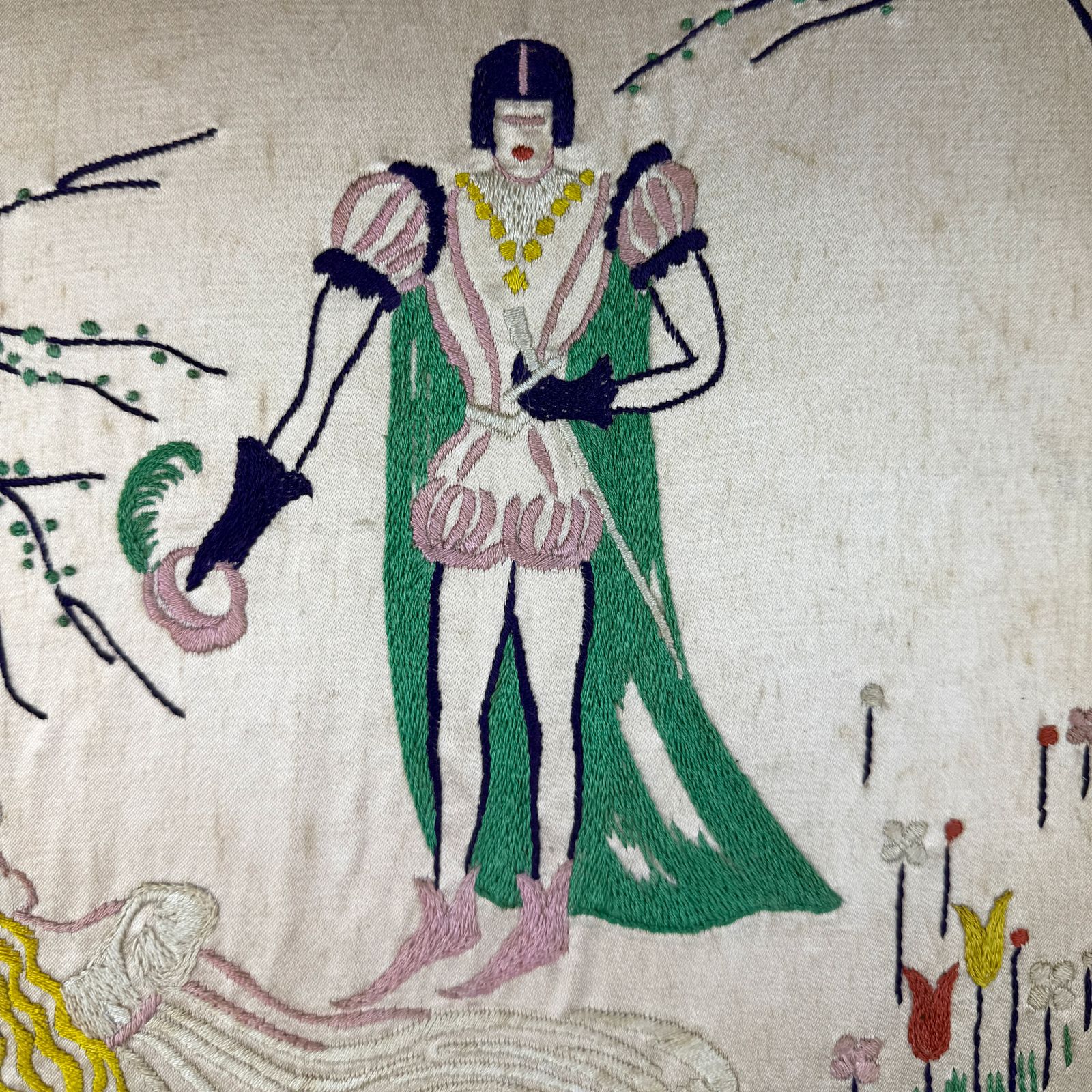 Art Deco French Silk Embroidery, Hand Embroidered Silk Panel Depicting Sleeping Beauty photo 233.0