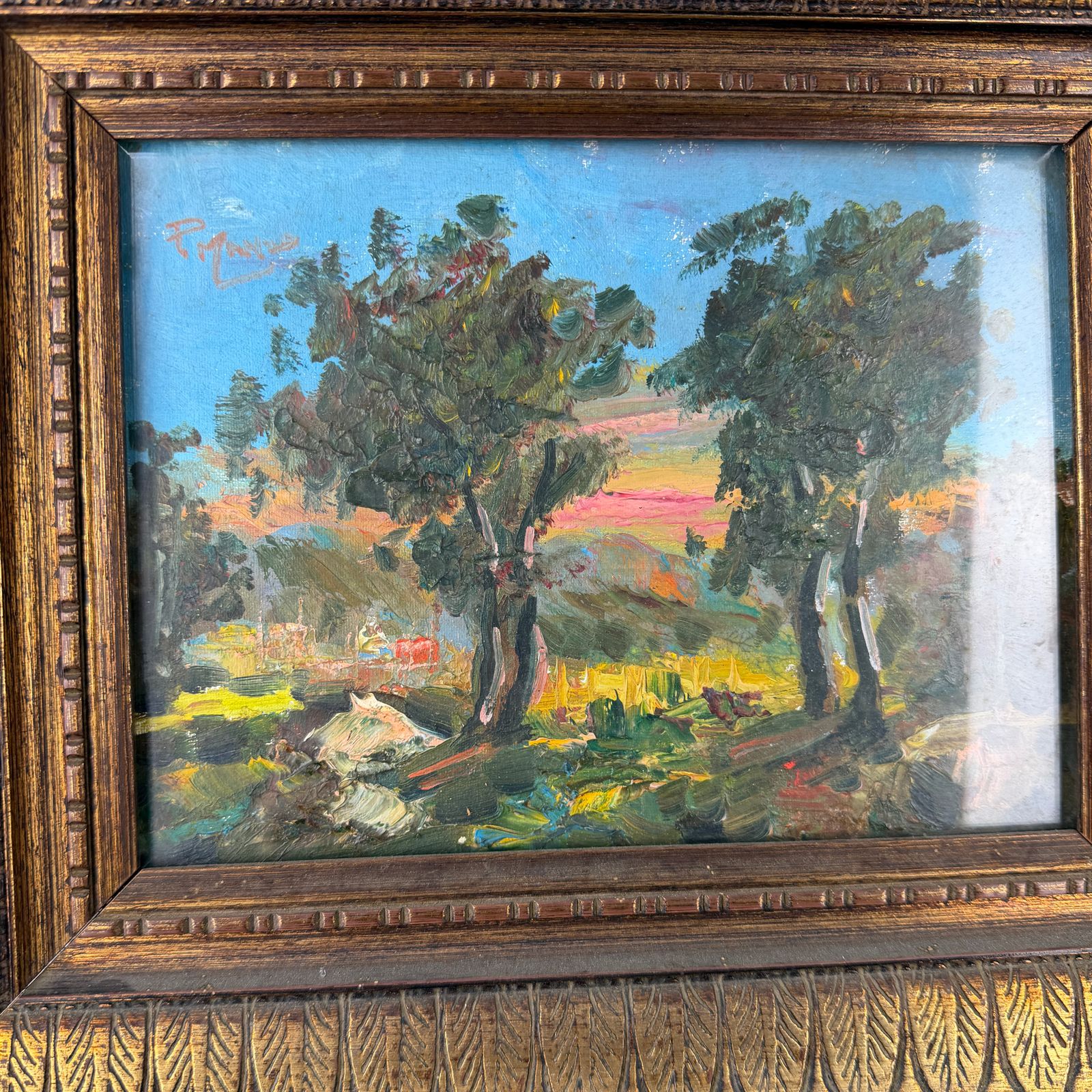 Antiek ingelijst impressionistisch Italiaans landschapsschilderij, olieverf op doek photo for sale