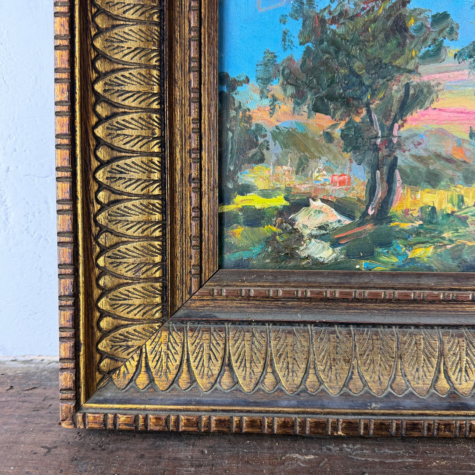 Antiek ingelijst impressionistisch Italiaans landschapsschilderij, olieverf op doek photo buy