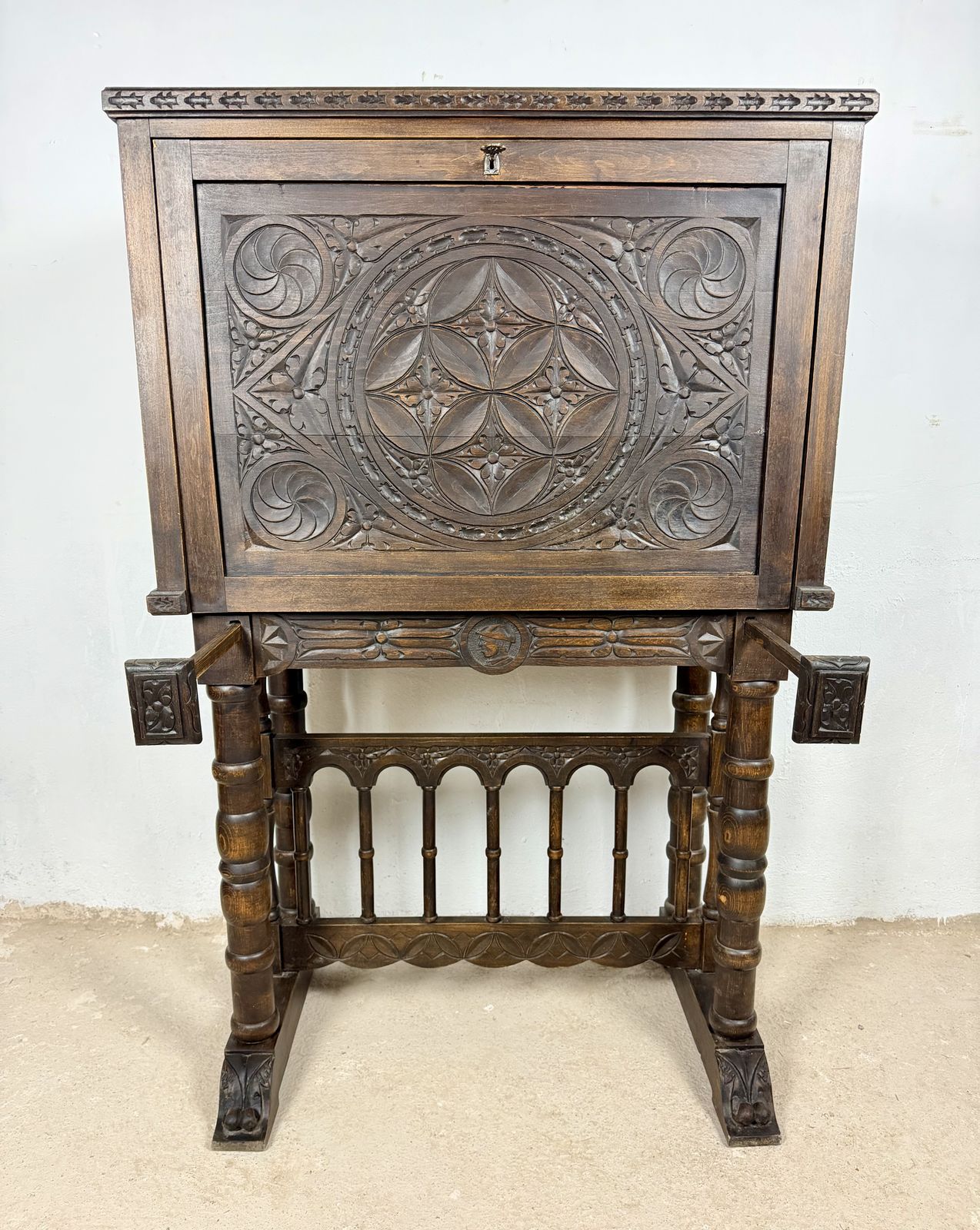 Furniture Spanish Highly Carved Wood Cabinet Or Bargueño, 20th Century photo