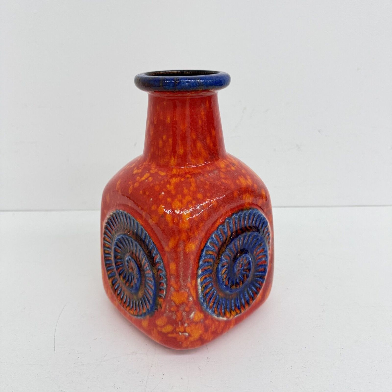 Scheurich West Germany Bay Ceramic Vase Orange With Blue Fossils , 1970s photo 240.0