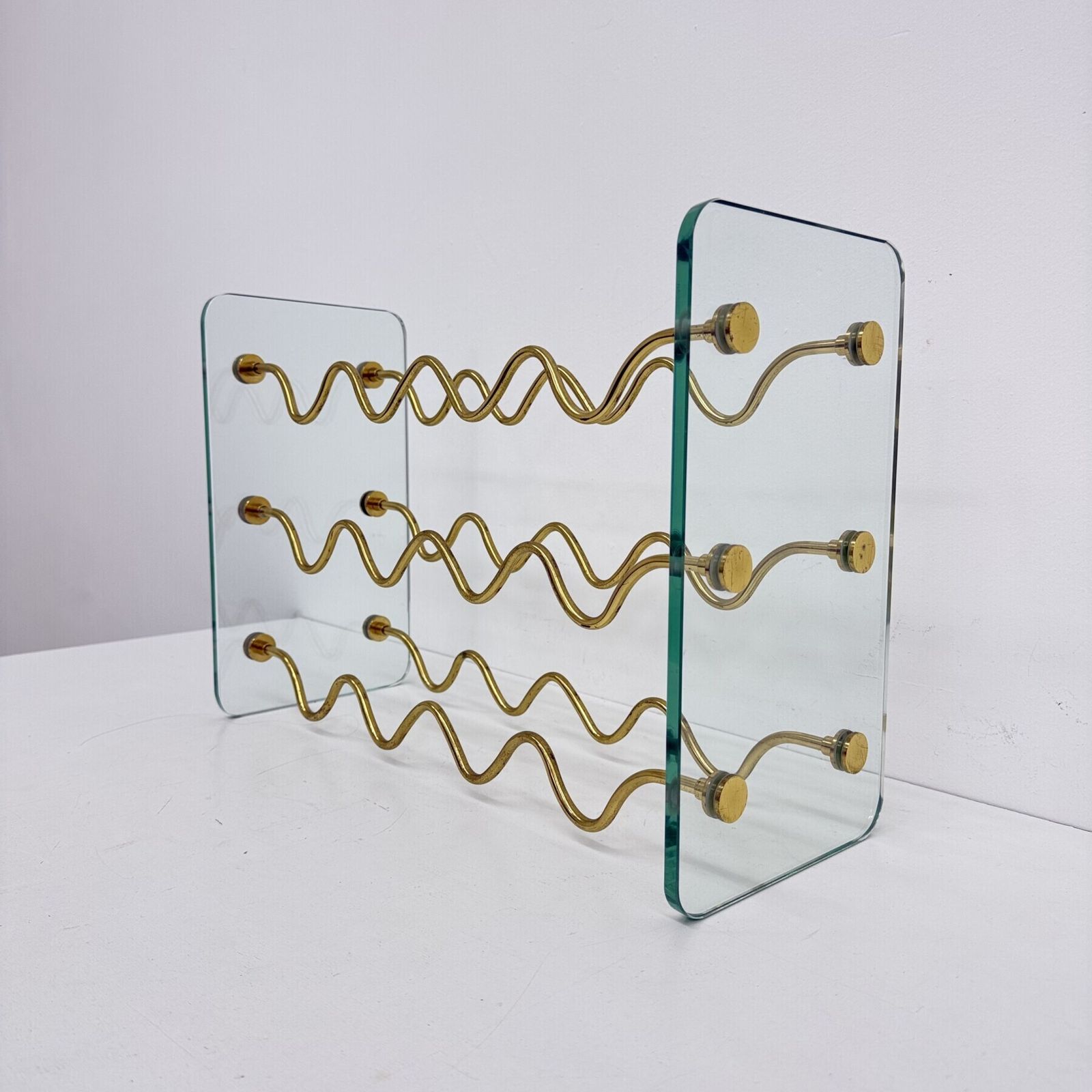 French Wine Rack In Glass And Brass By David Lange, 1970s photo vinterior
