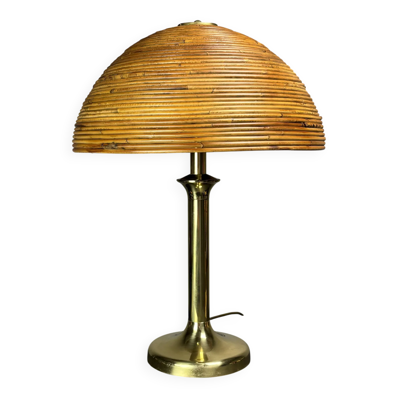 Lampe de table Fungo en rotin et laiton, style champignon, mid-century italienne, années 1970