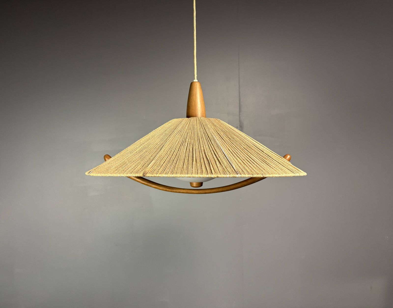 Large Mid Century Teak And Sisal Cord Hanging Pendant Lamp, 1960s photo Lighting
