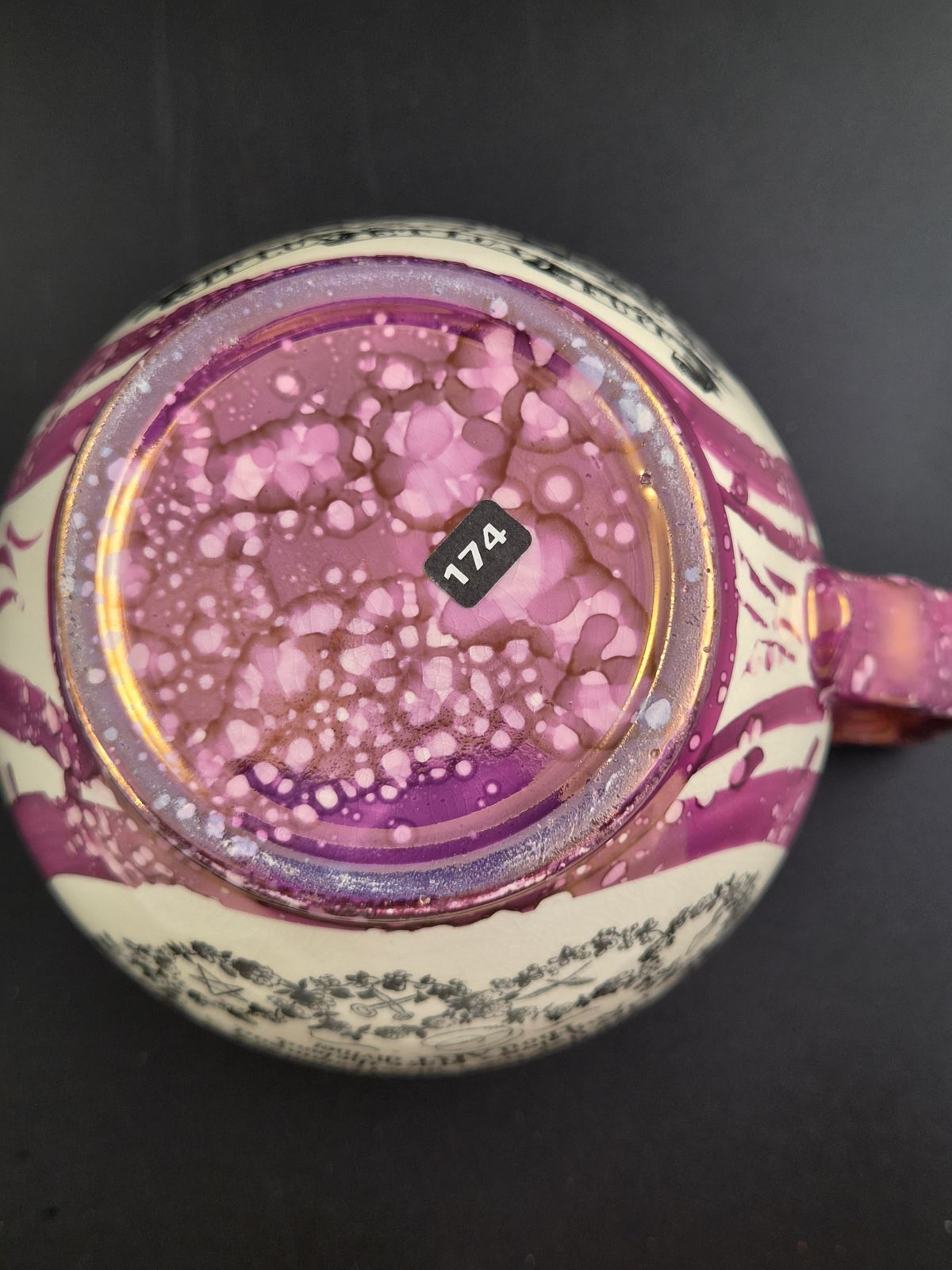 Sunderland Pink Splash Lustre Masonic Jug, Engels aardewerk, ca. 1820-1840 photo vintage