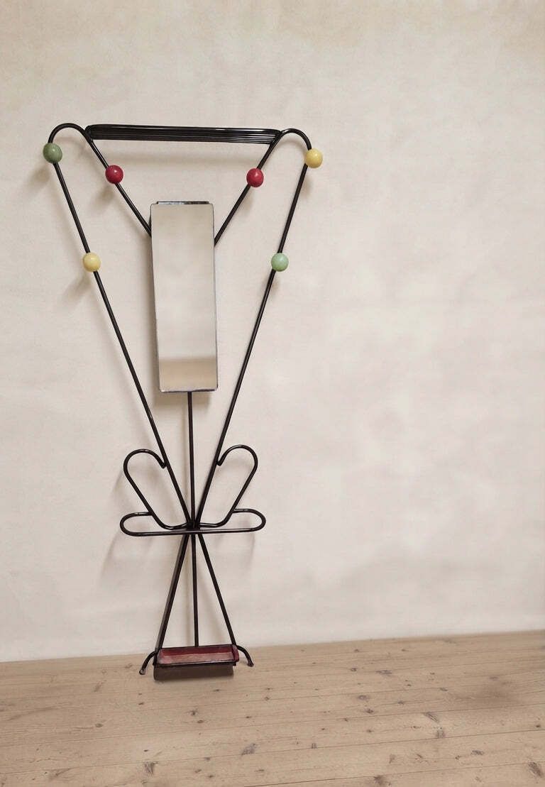 Vintage Coat Rack Attributed To Roger Feraud, Black Metal With Coloured Spheres, 1970s, 22 X 82 X 180 Cm photo for sale