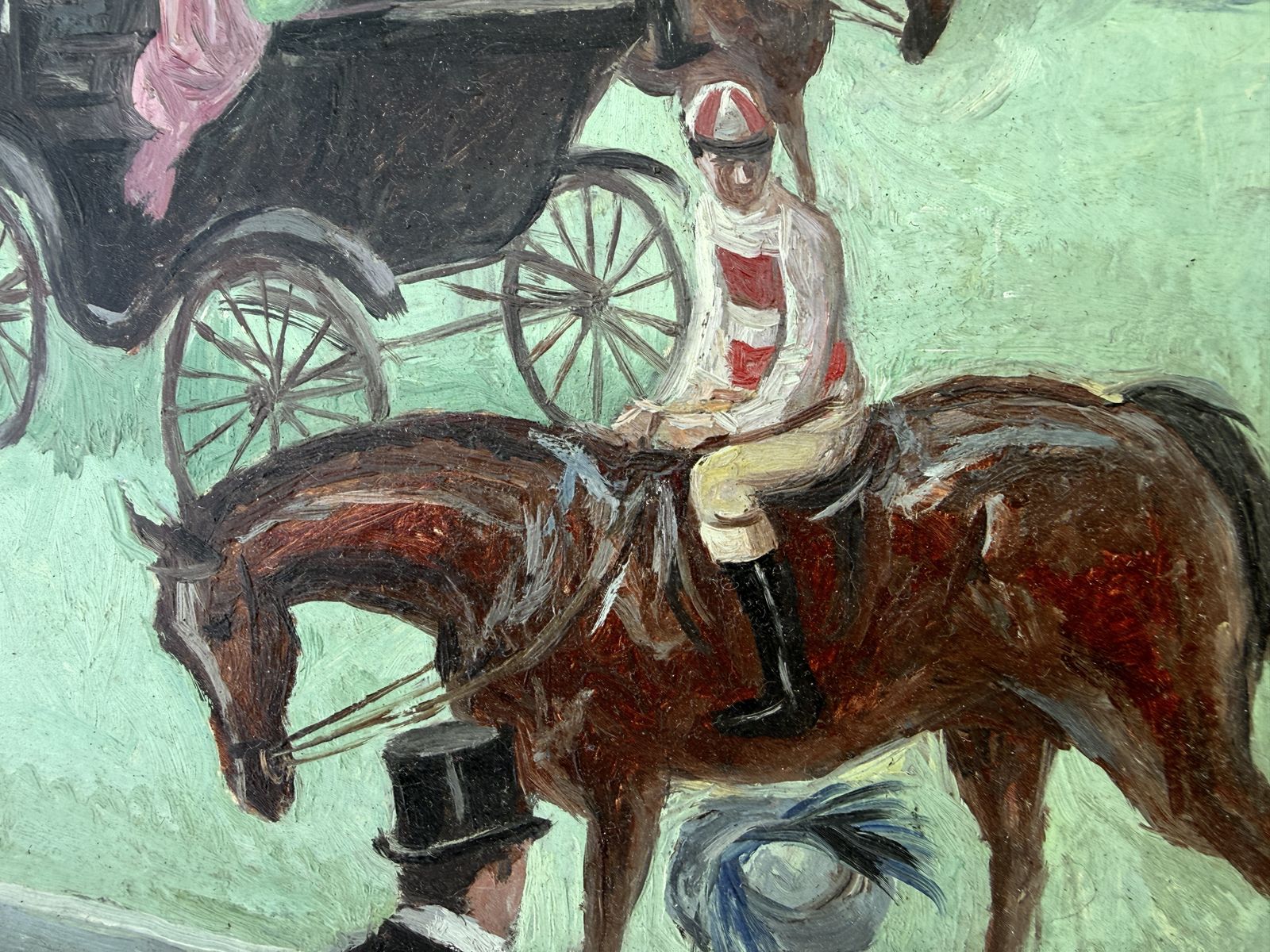Alfredo Opisso Spanish Modern Equestrian Oil Painting With Jockeys And Carriage Horses 1970 photo 500.0