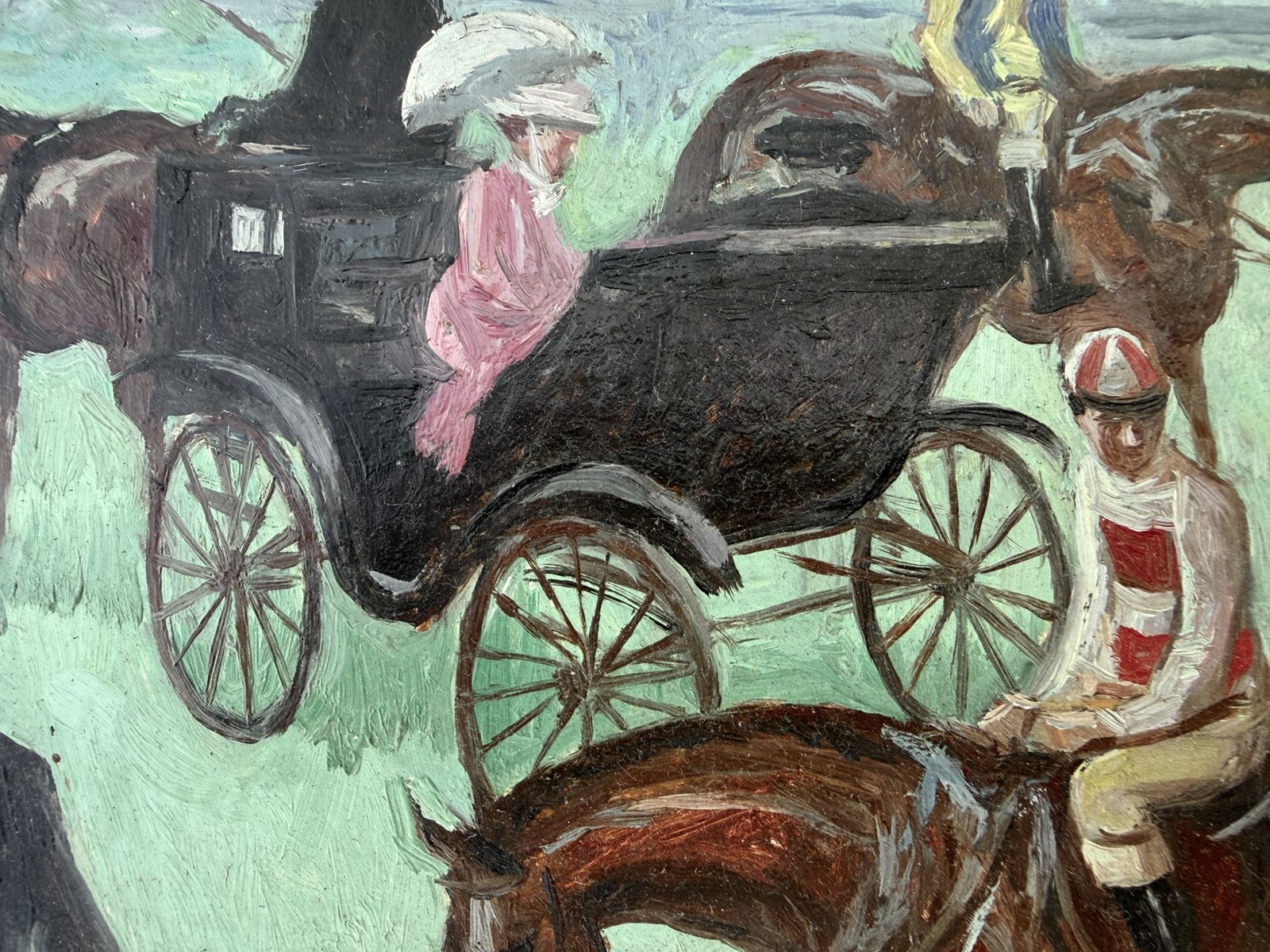 Peinture à l'huile équestre moderne espagnole avec jockeys et chevaux de calèche, Alfredo Opisso, 1970 photo vintage