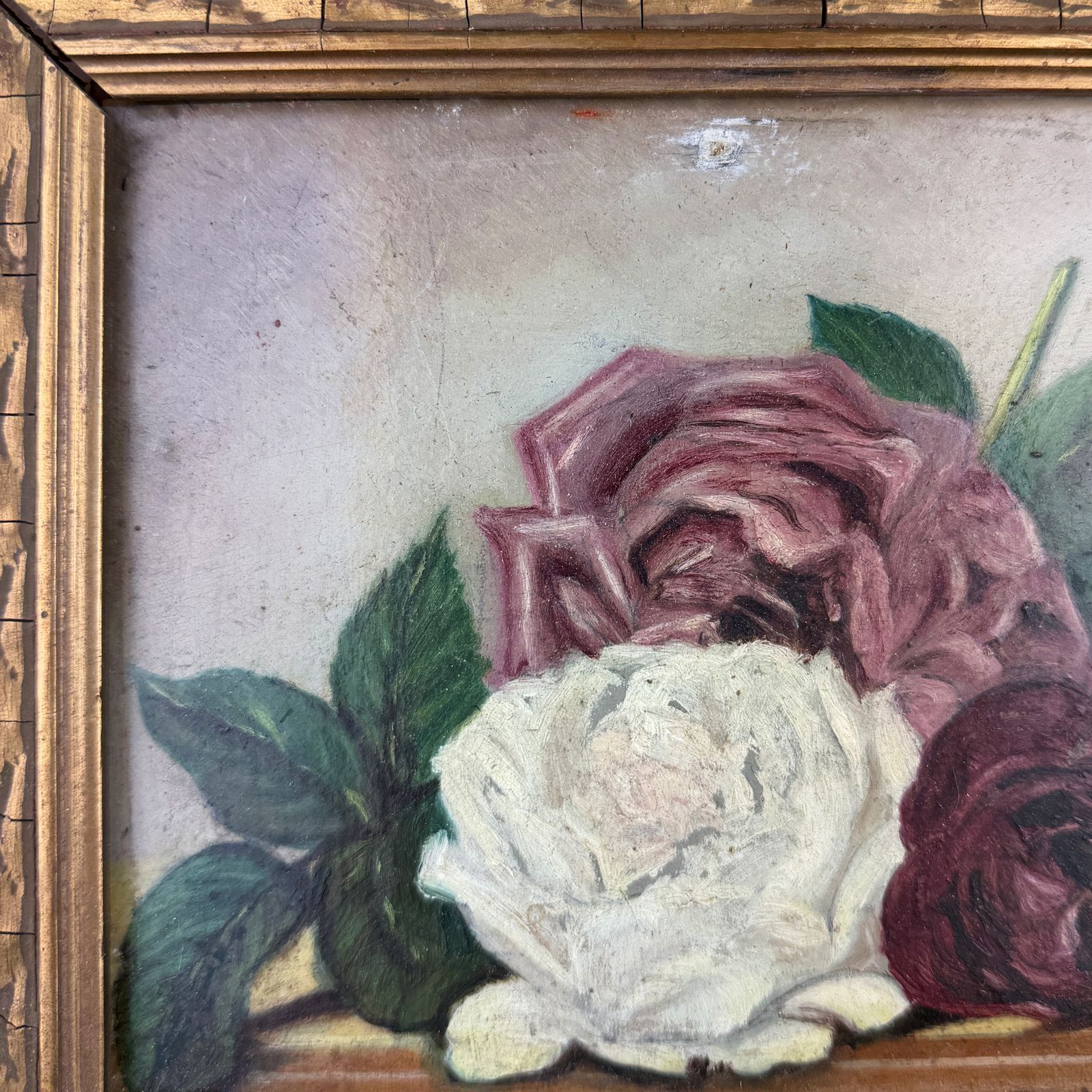 Antique Framed Painting, Original Floral Oil On Panel photo vinterior