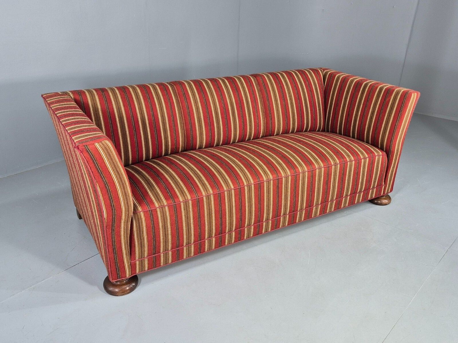 Vintage Art Deco Danish 3 Seater Sofa Red Wool Stripe Upholstery