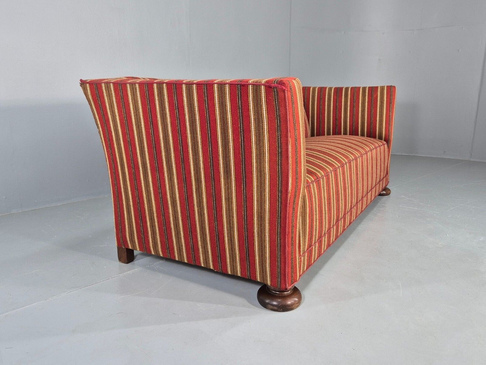 photo for sale Vintage Art Deco Danish 3 Seater Sofa Red Wool Stripe Upholstery