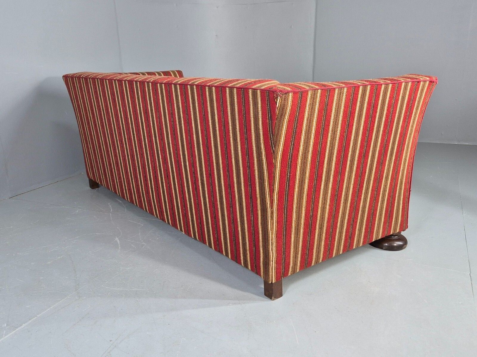 photo vinterior Vintage Art Deco Danish 3 Seater Sofa Red Wool Stripe Upholstery