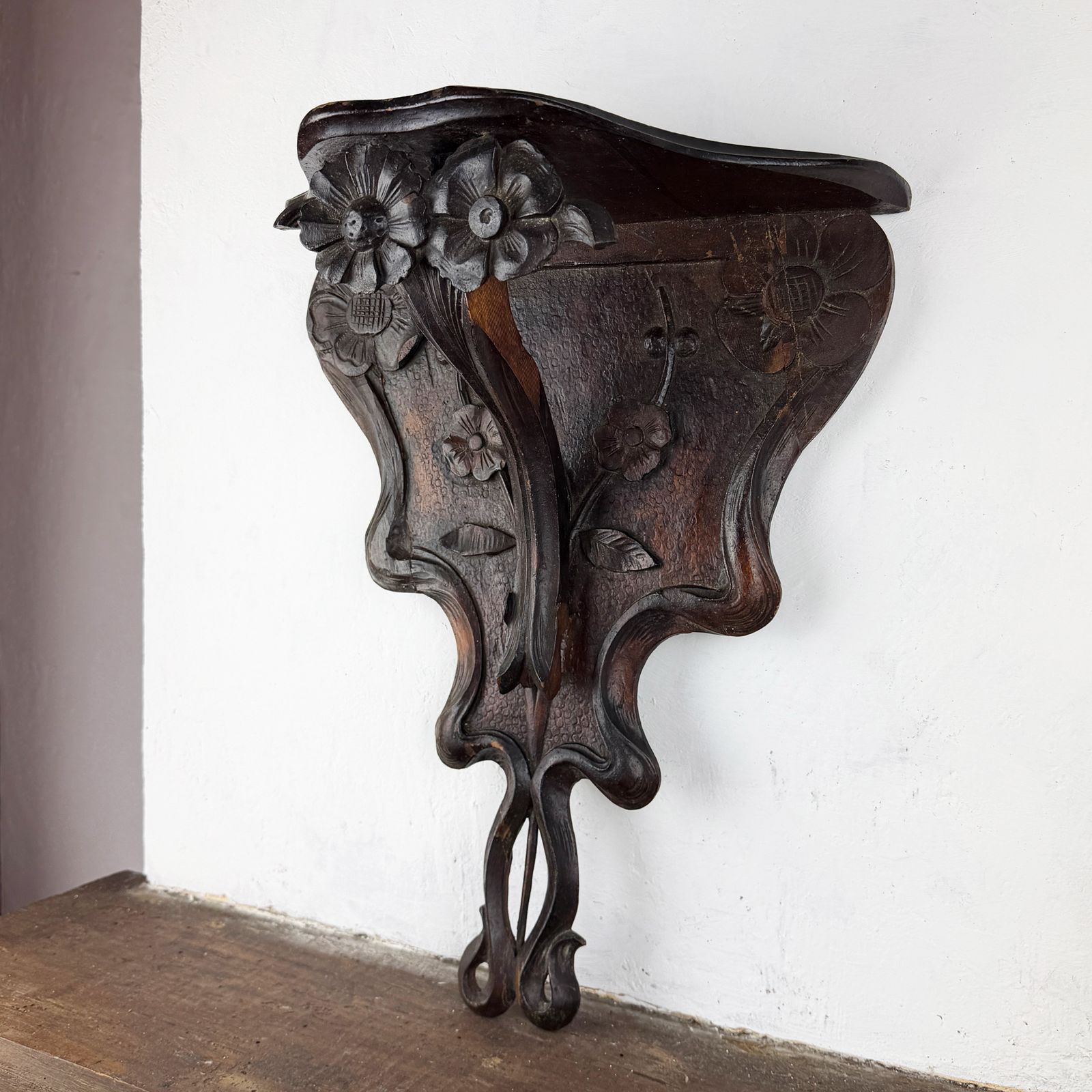 Art Nouveau Shelf, Italian Liberty Carved Wood Wall Bracket, Jugendstil photo Furniture