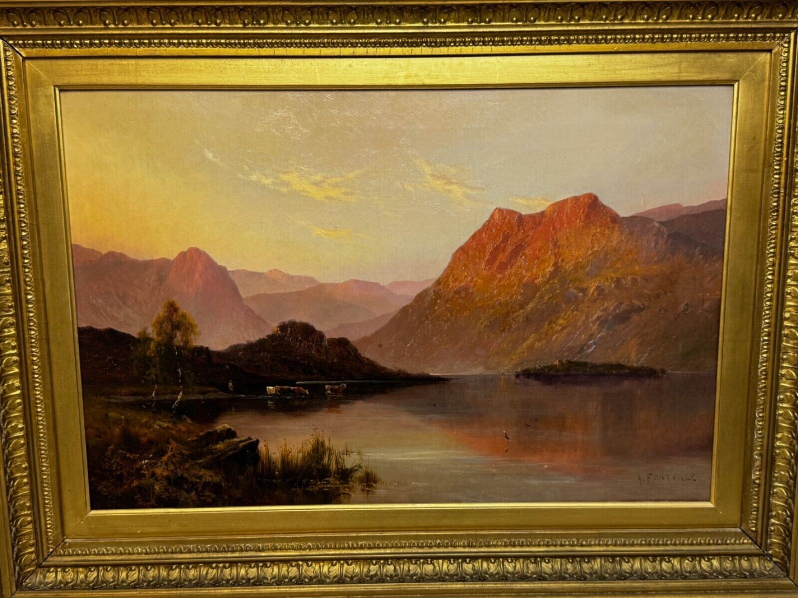 photo furniture Alfred De Breanski Jr Gesigneerd Lake Windermere Vee Landschap Olieverfschilderij