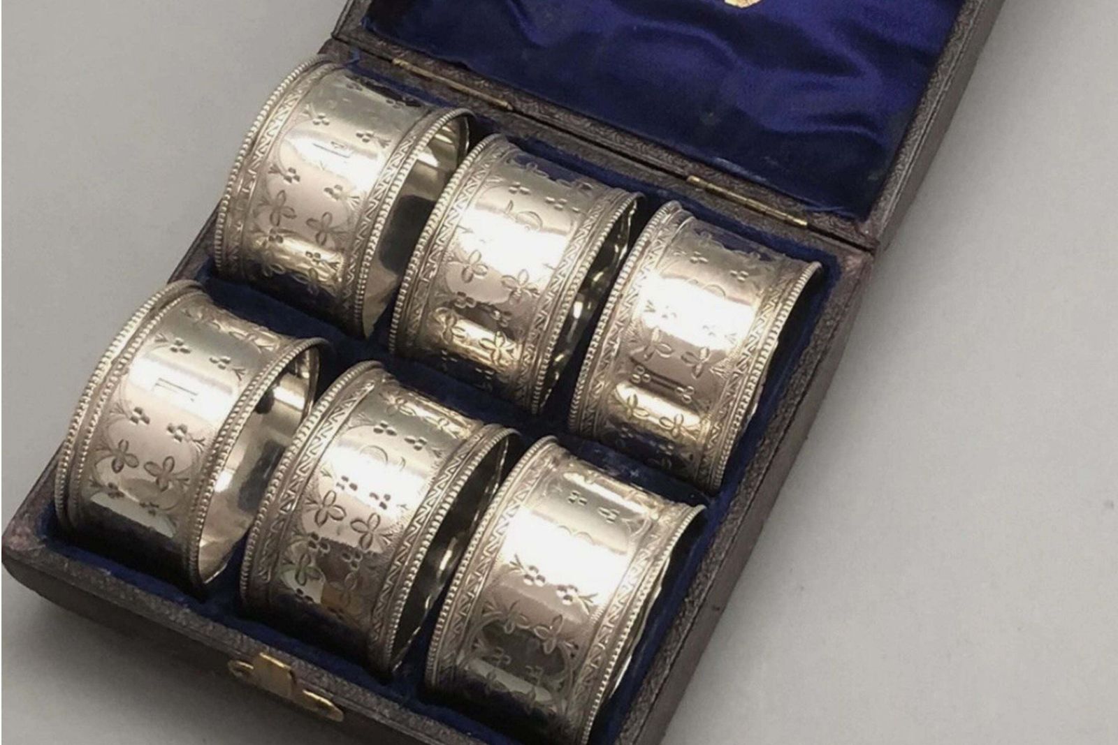 Antique English Silver Napkin Rings Set Of 6, Original Case Ornate Art Deco photo Home Decor