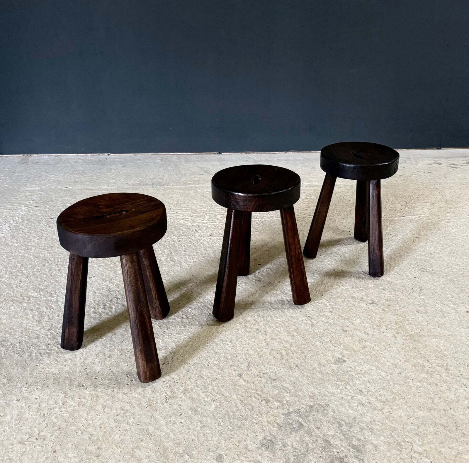 1950's Brutalist Design Handcrafted Tripod Stool Set photo vinterior