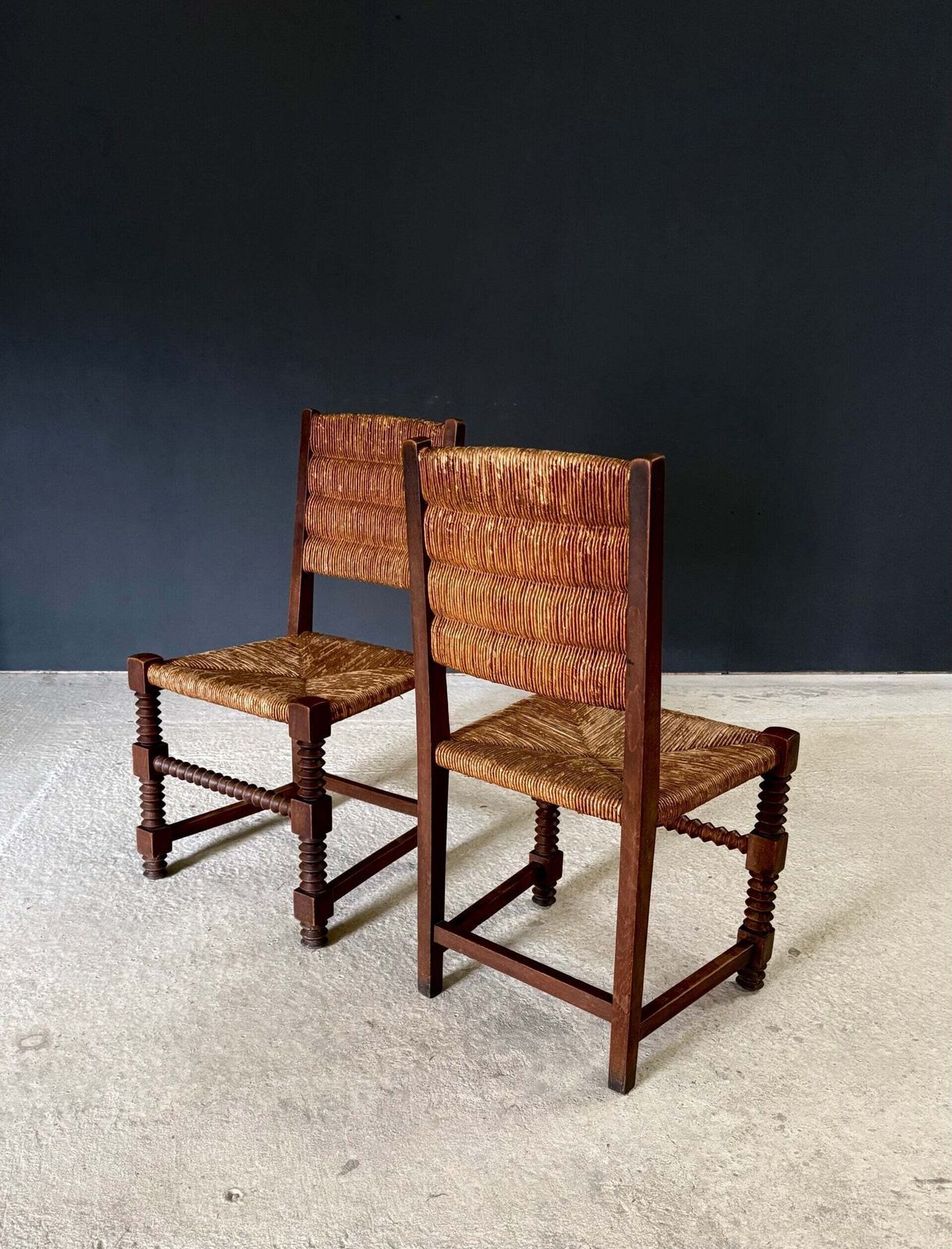 French Provincial Design Oak & Rush Dining Chairs By Charles Dudouyt, France 1940's photo 995.0