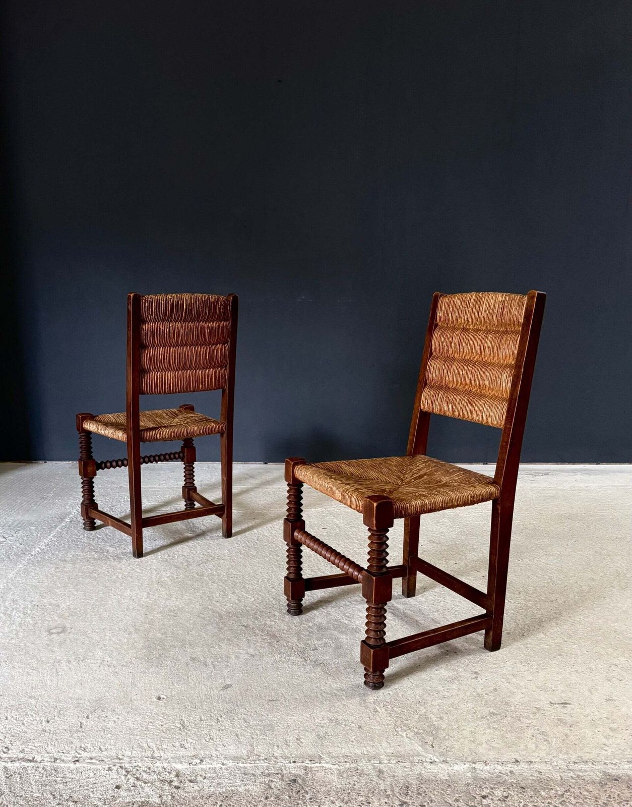 French Provincial Design Oak & Rush Dining Chairs By Charles Dudouyt, France 1940's photo vinterior
