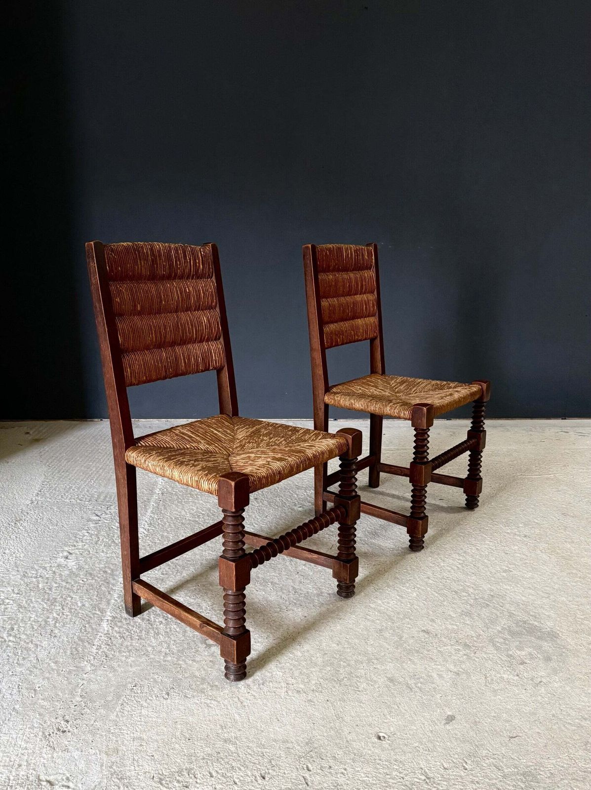 French Provincial Design Oak & Rush Dining Chairs By Charles Dudouyt, France 1940's photo buy