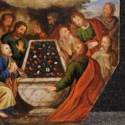 Ancient Oil Painting On Marble From The 16th Century, Assumption Of The Virgin photo for sale