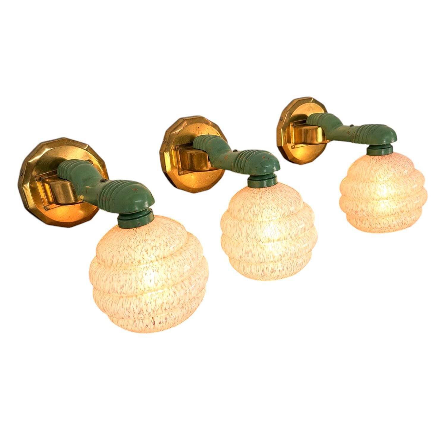 Set Of Three Art Deco Wall Lamps With Pink Mottled Glass Shades photo furniture