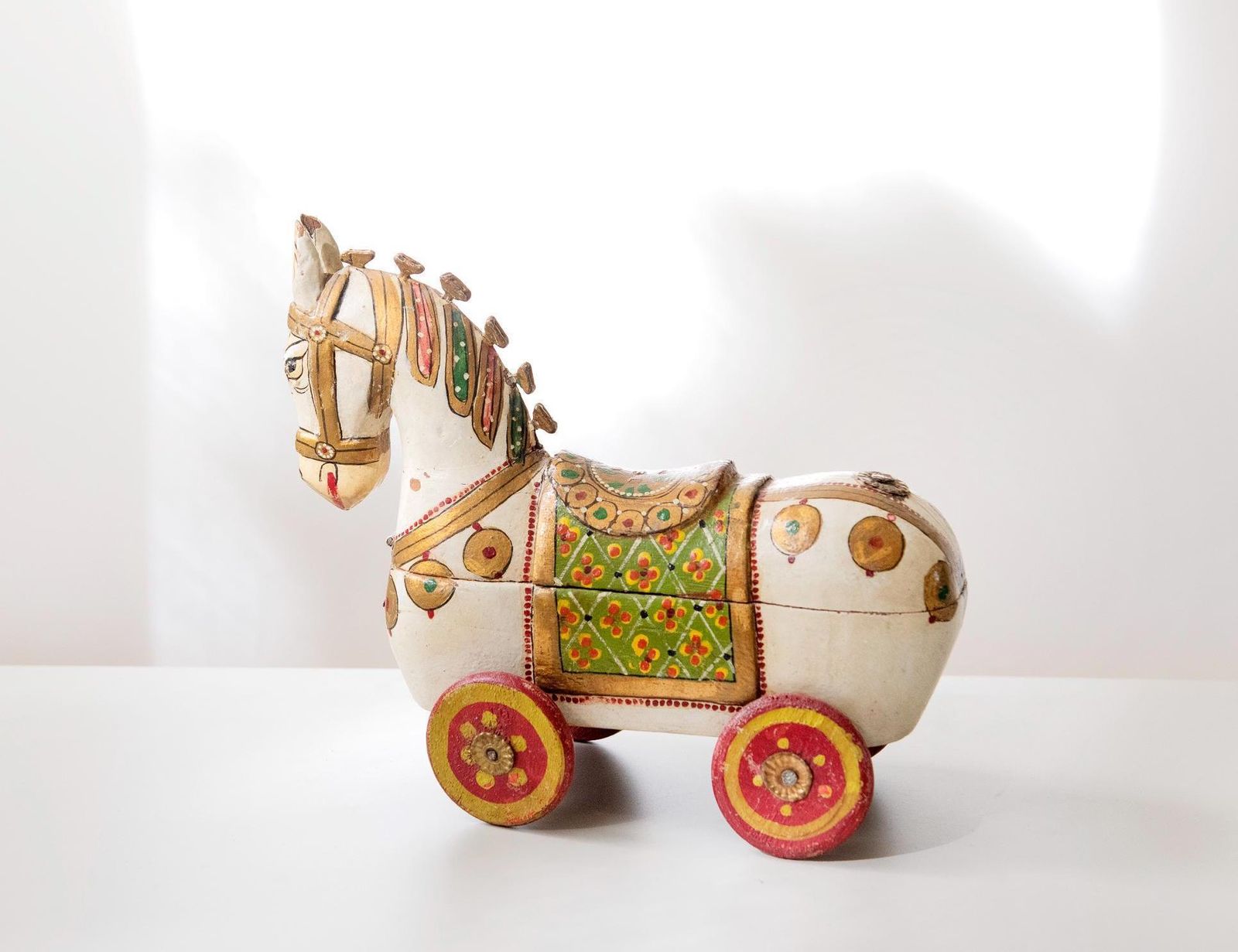Antique Indian Wooden Horse Box   Hand Painted Rajasthani Folk Art   Horse On Wheels   Trinket Box