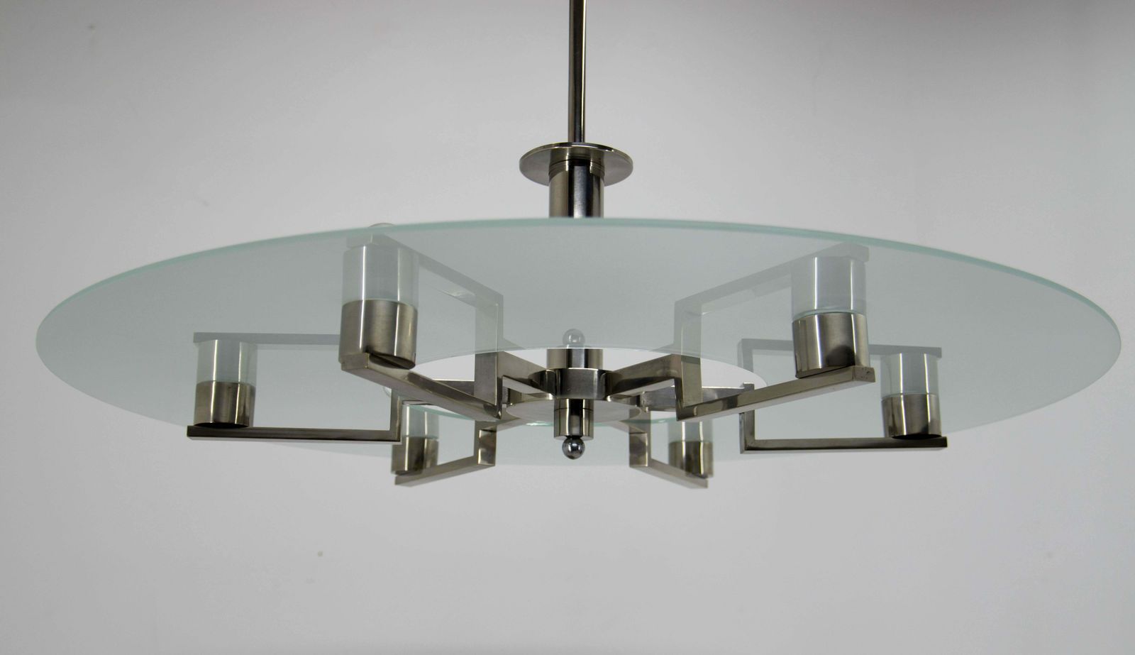 Grote functionalistische kroonluchter met 6 vlammen, vernikkeld, jaren 1930 photo furniture