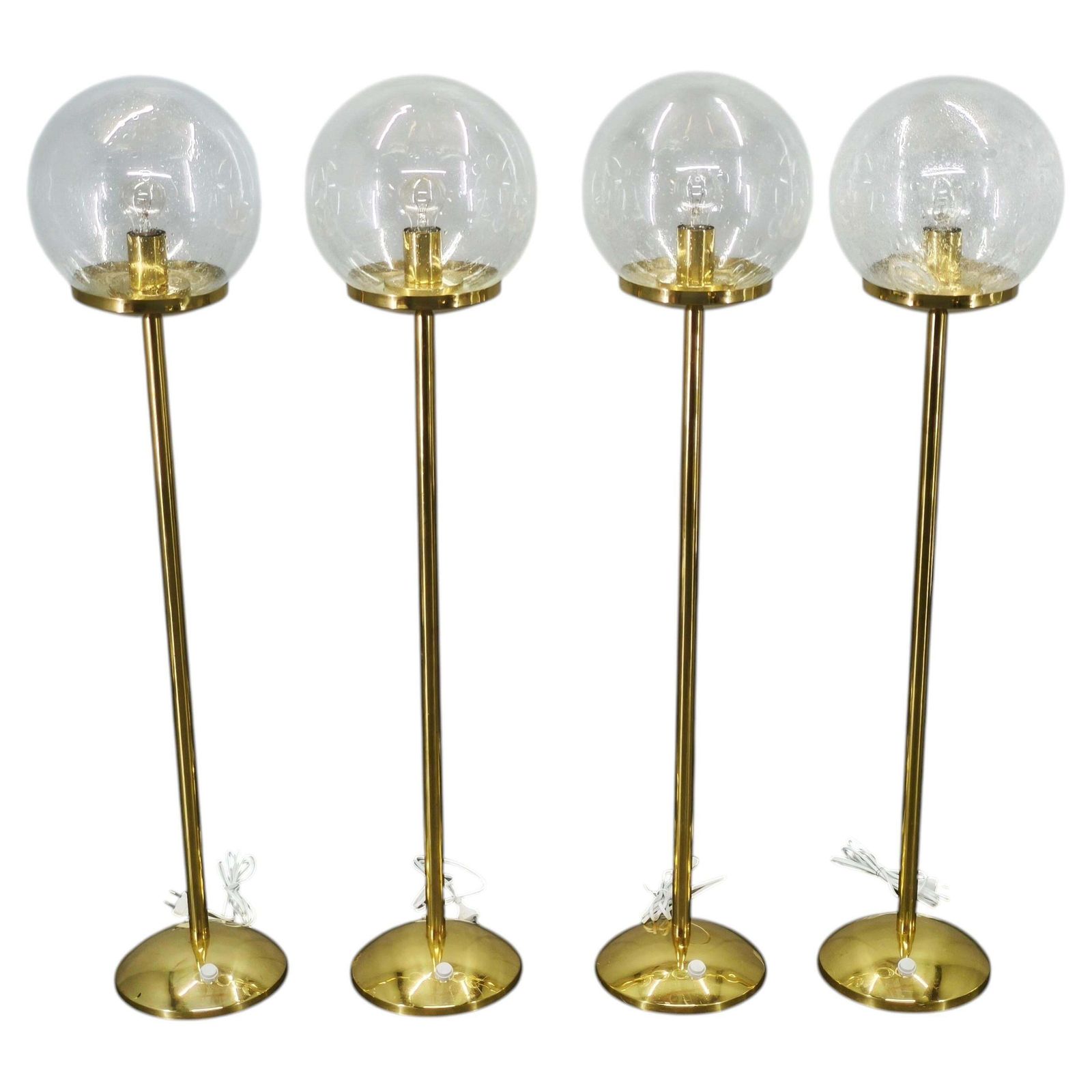 Set van 4 Space Age vloerlampen van messing en bubbelglas, Kamenický Šenov, jaren 1970
