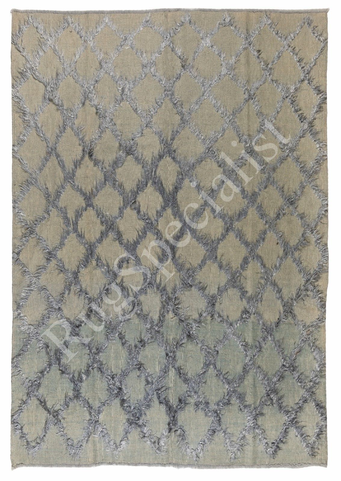 237x305 Cm Gray Color Diamond Pattern Mohair Tulu Kilim Rug, Hemp Floor Covering