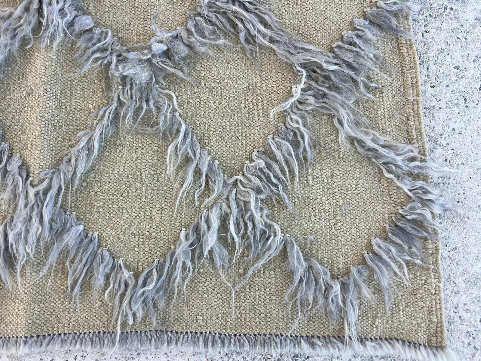 237x305 Cm Gray Color Diamond Pattern Mohair Tulu Kilim Rug, Hemp Floor Covering photo vinterior