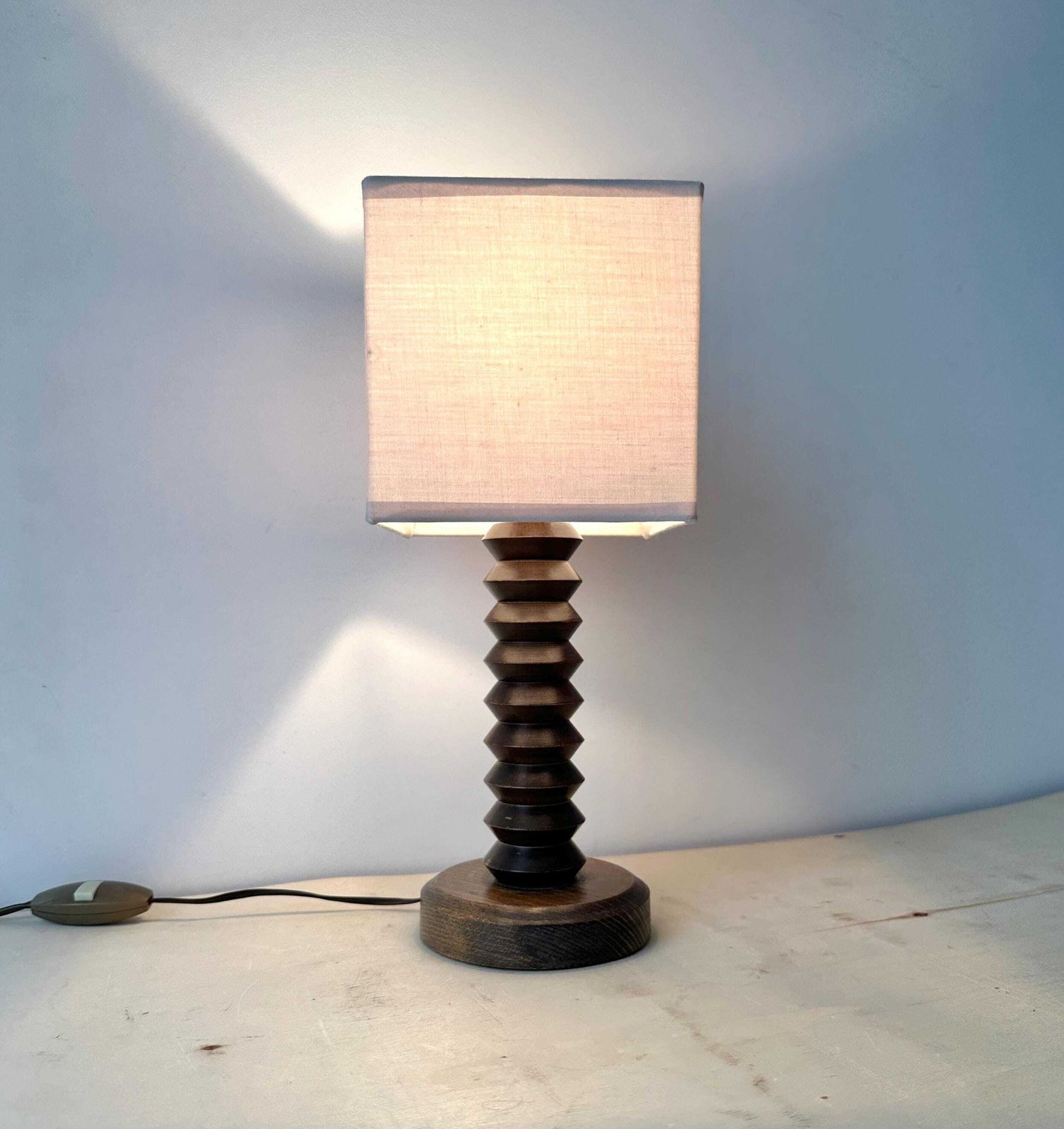 1950s French Turned Wood Table Lamp, Midcentury Rustic Lighting