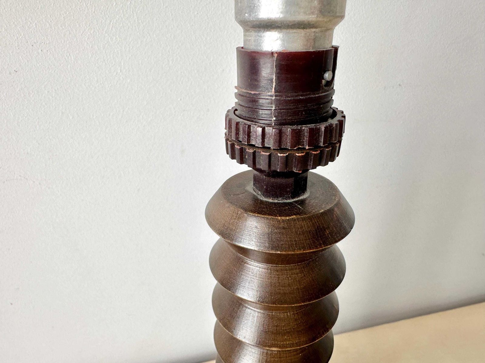 photo vinterior 1950s French Turned Wood Table Lamp, Midcentury Rustic Lighting