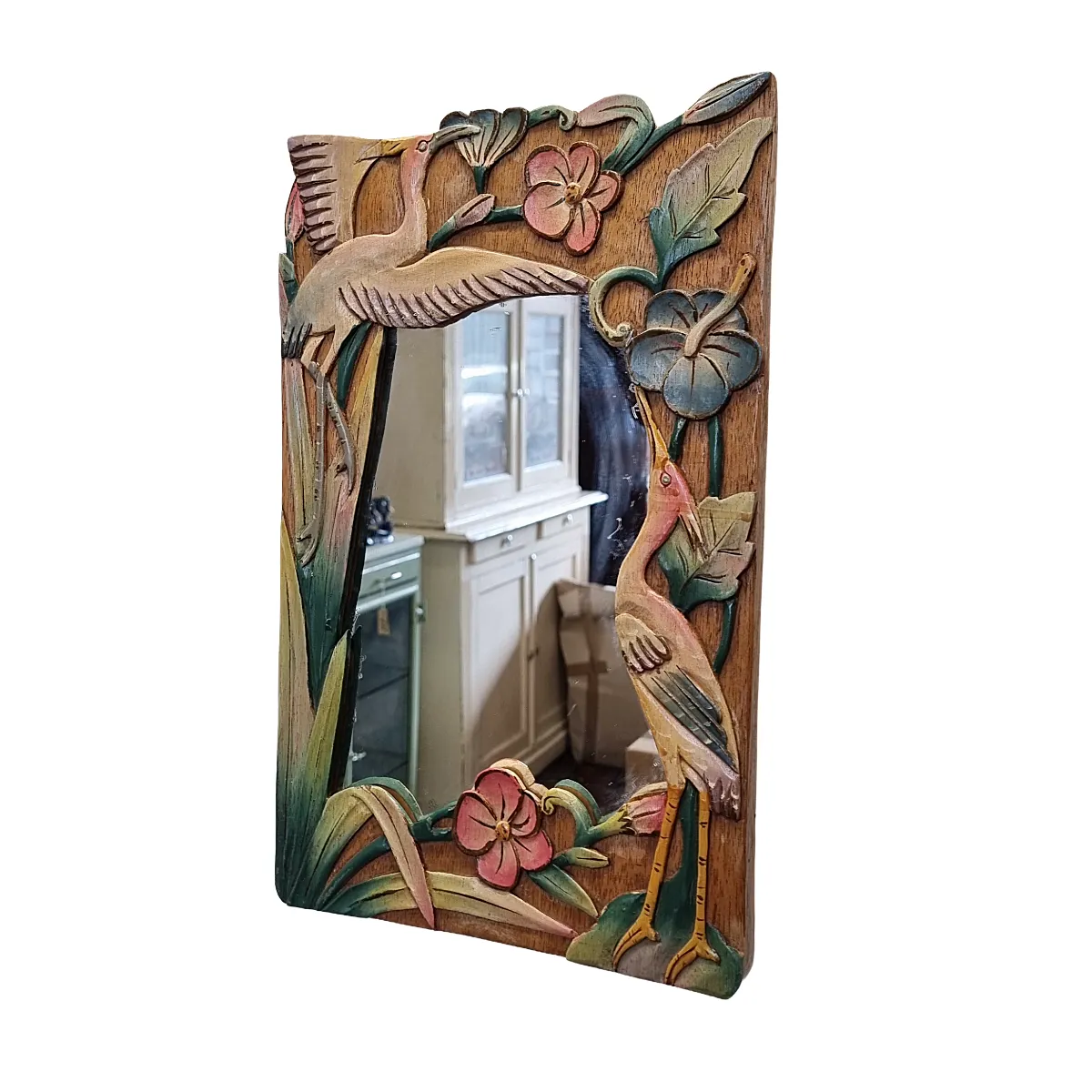 Vintage Balinese houten spiegel met reigers en bloemen photo 95.0
