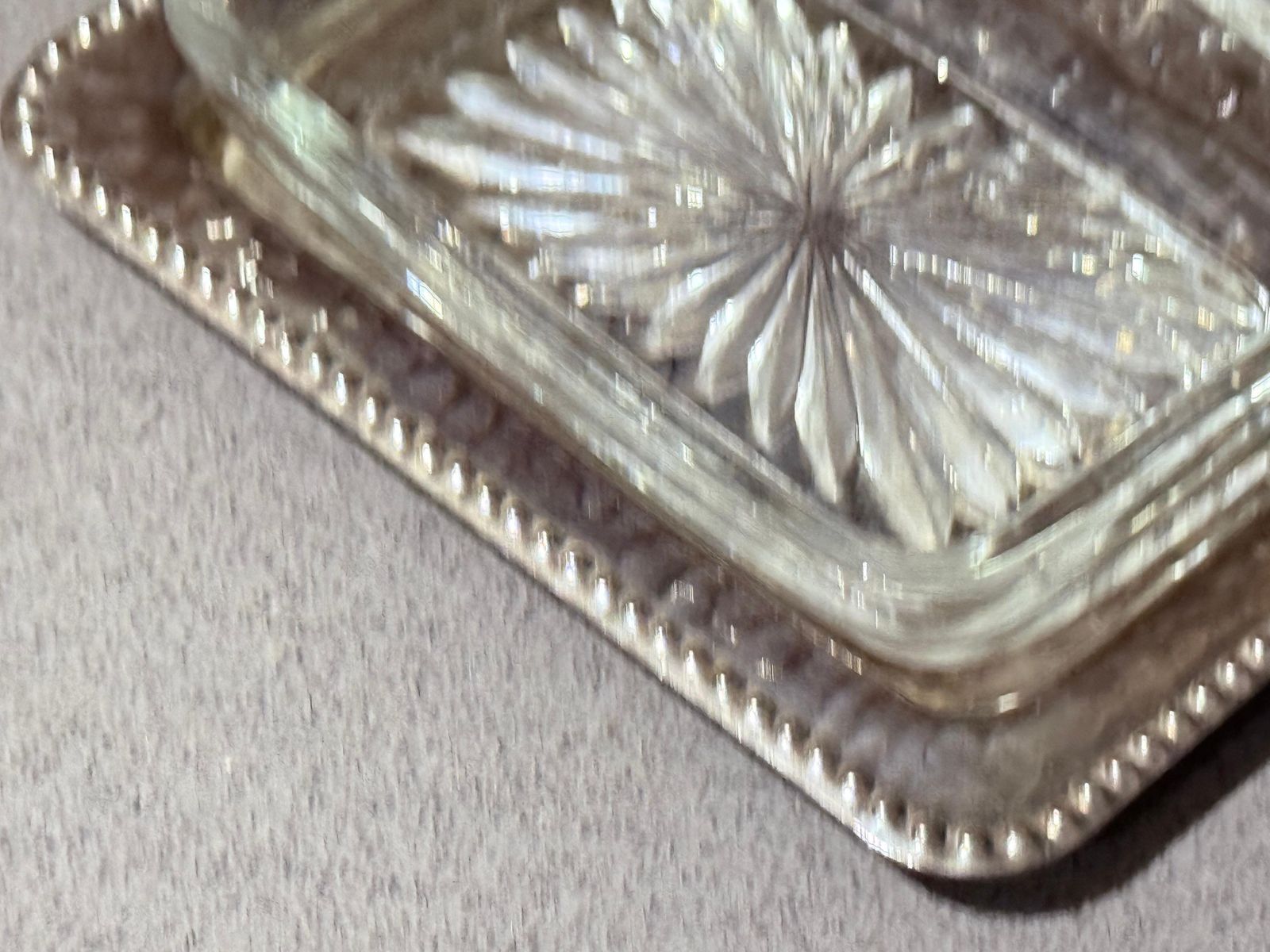 Art Deco Silver Plated Toast Rack, Matching Hammered Tray Crystal Butter Dishes photo vintage