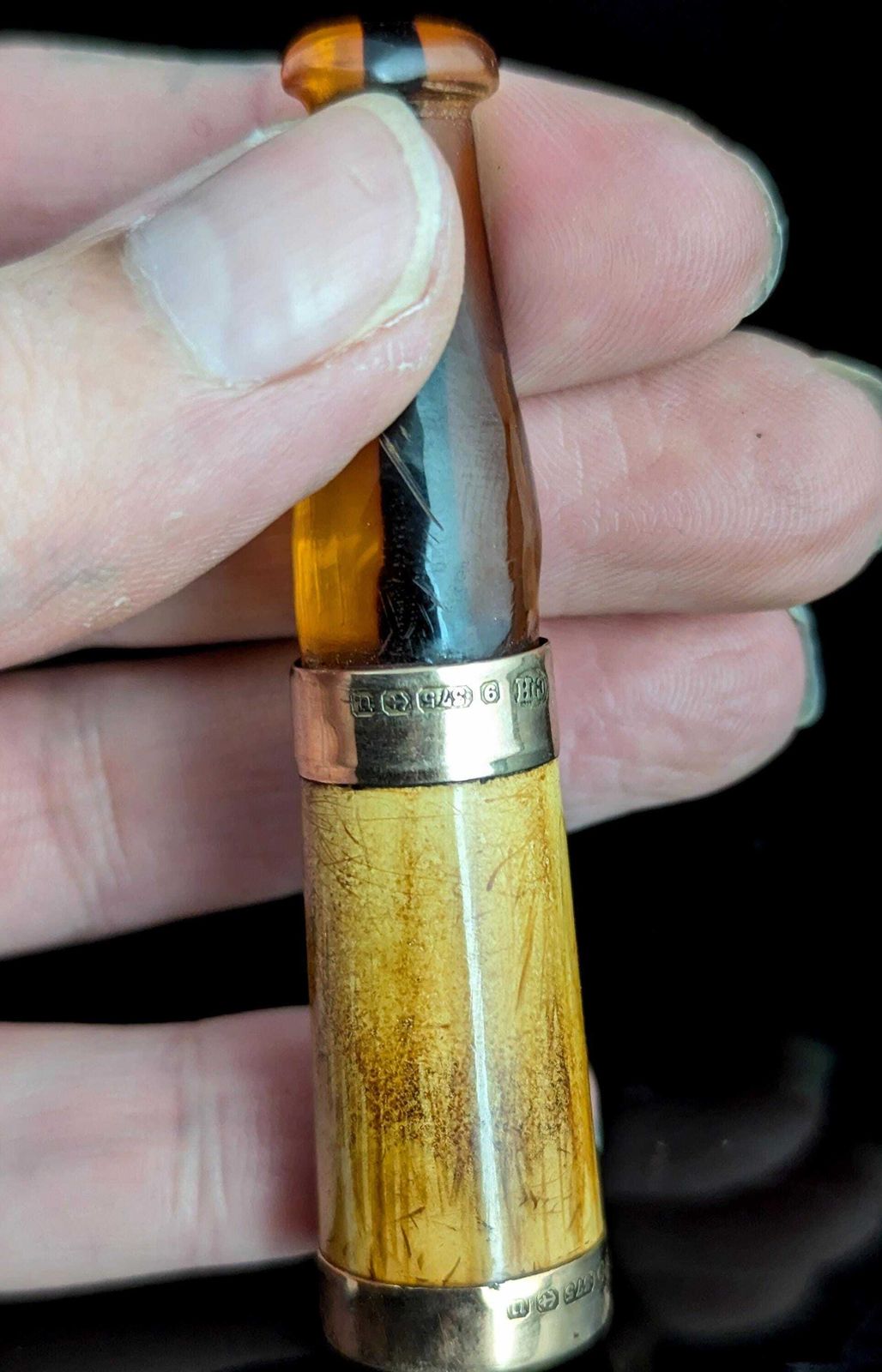 Antiek Meerschaum en amber cheroot-houder, 9kt goud, in etui, sigarenhouder