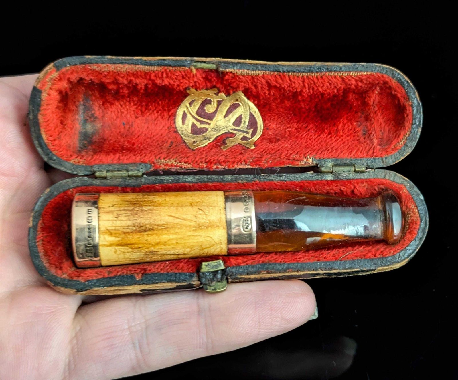 Antiek Meerschaum en amber cheroot-houder, 9kt goud, in etui, sigarenhouder photo 249.0