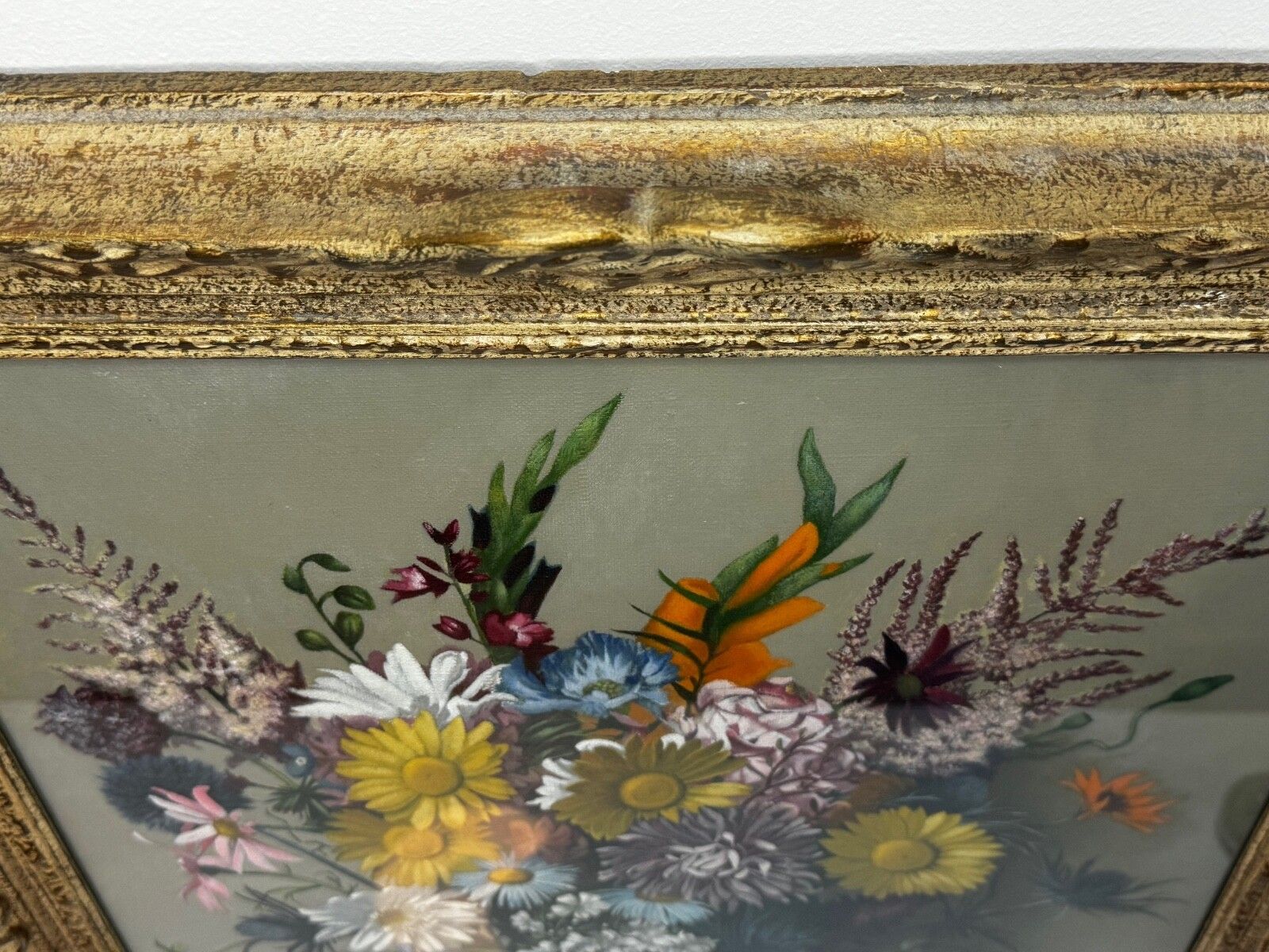 Schots olieverfschilderij wilde bloemen heide distels madeliefjes door Dan Ferguson ROI photo vintage
