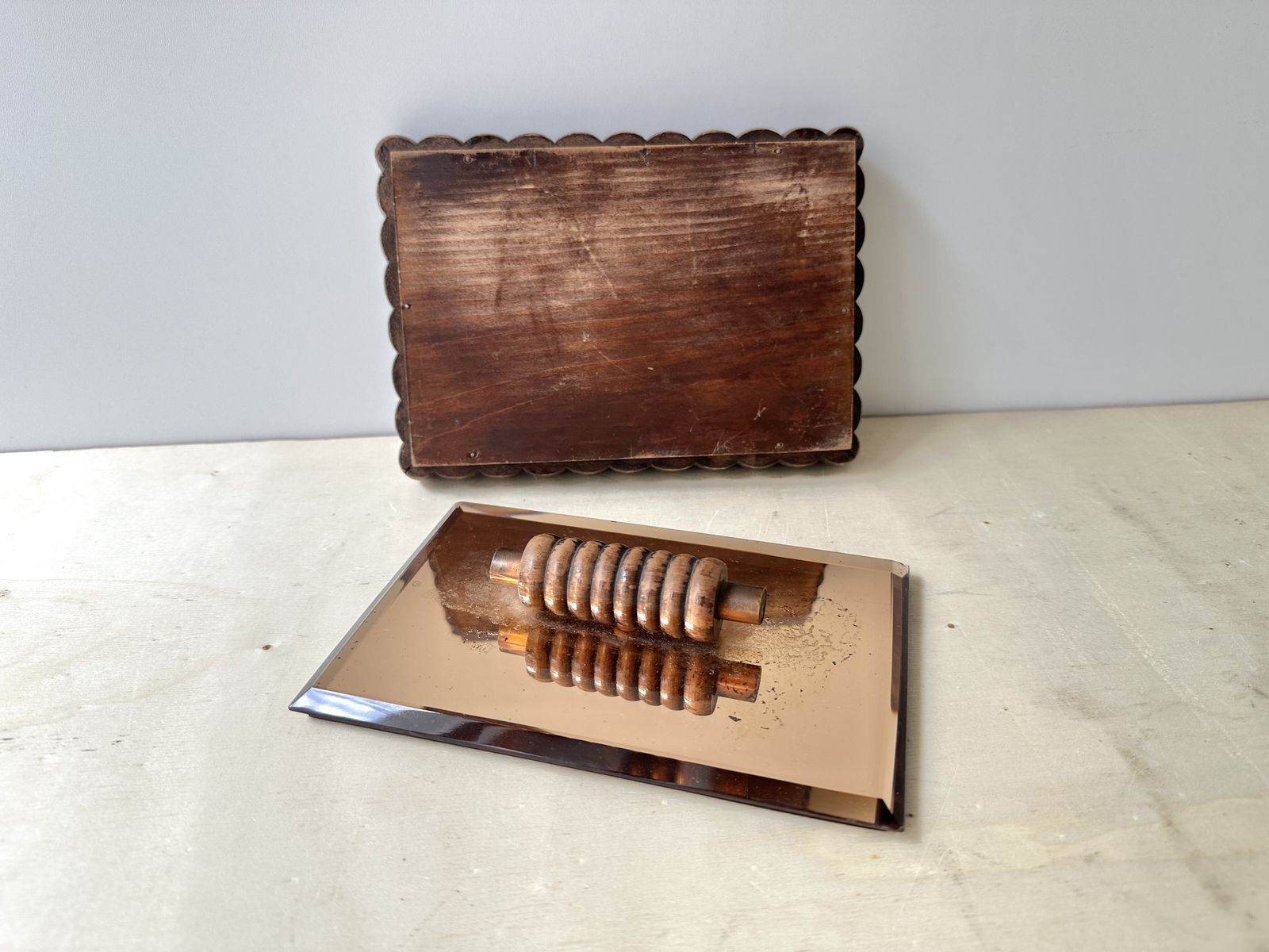 photo for sale Vintage Franse roze geslepen spiegel sieradendoos, art deco houten sigarettendoos, Venetiaanse stijl snuisterdoosje