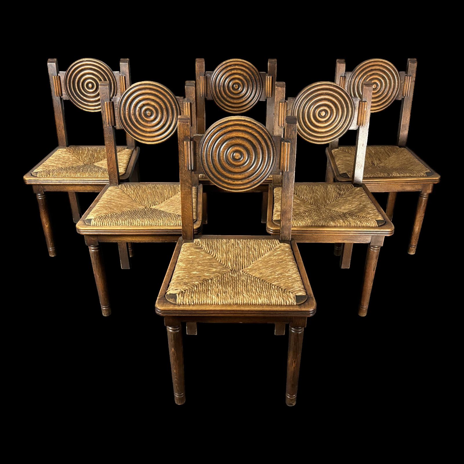 6 chaises à manger rustiques en bois, pieds tournés et assise en jonc