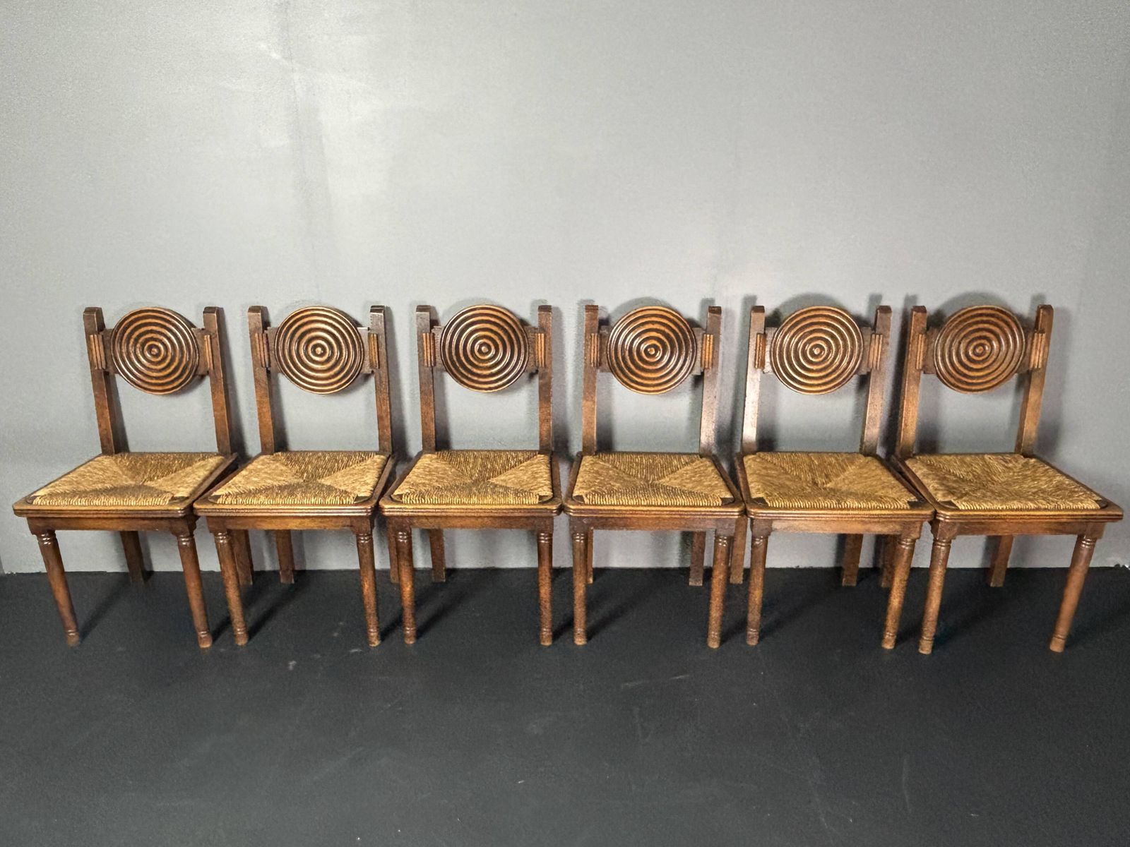 6 chaises à manger rustiques en bois, pieds tournés et assise en jonc photo 2178.0