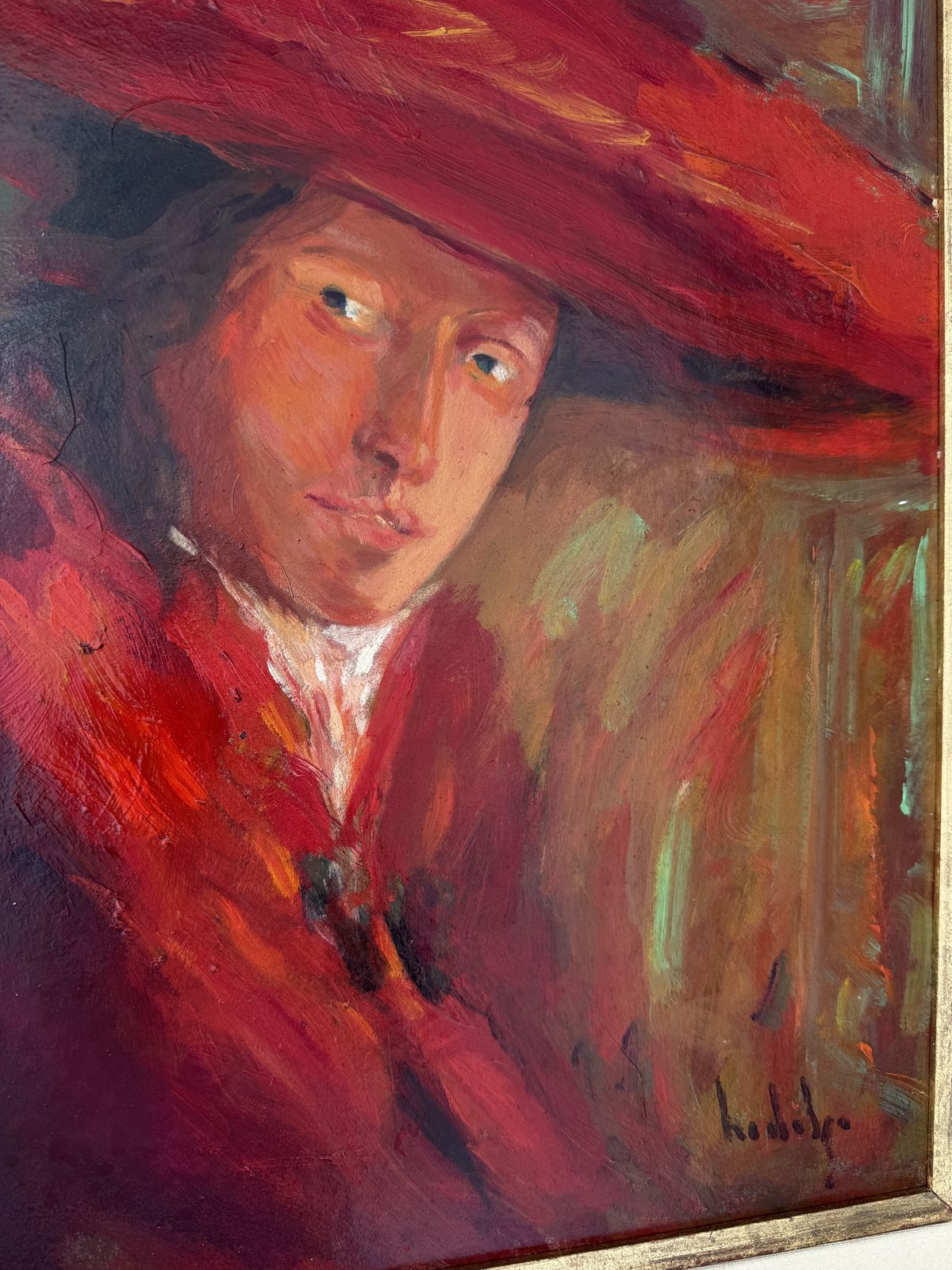 Joaquim Hidalgo Spaans expressionistisch vrouwenportret met rode hoed, olie op paneel, Europese kunst, jaren 1990 photo buy