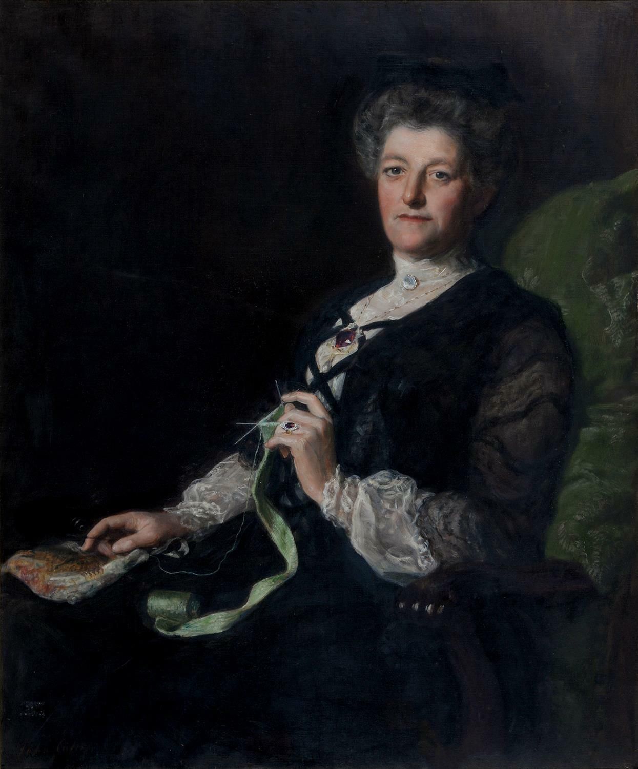 Groot laat-Victoriaans olieverfportret, toegeschreven aan John Maler Collier - dame breiend, mogelijk Lady Laing, ca. 1893-1900 photo furniture
