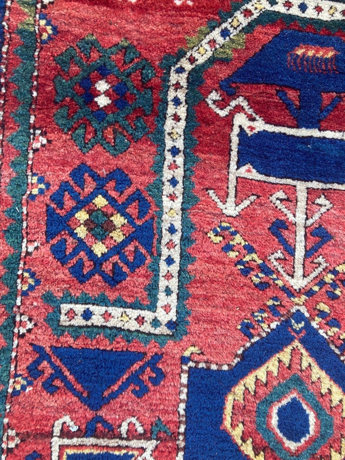 photo vintage Antiek Kaukasisch Fachralo Kazak Gebedskleed 2,48m x 1,30m