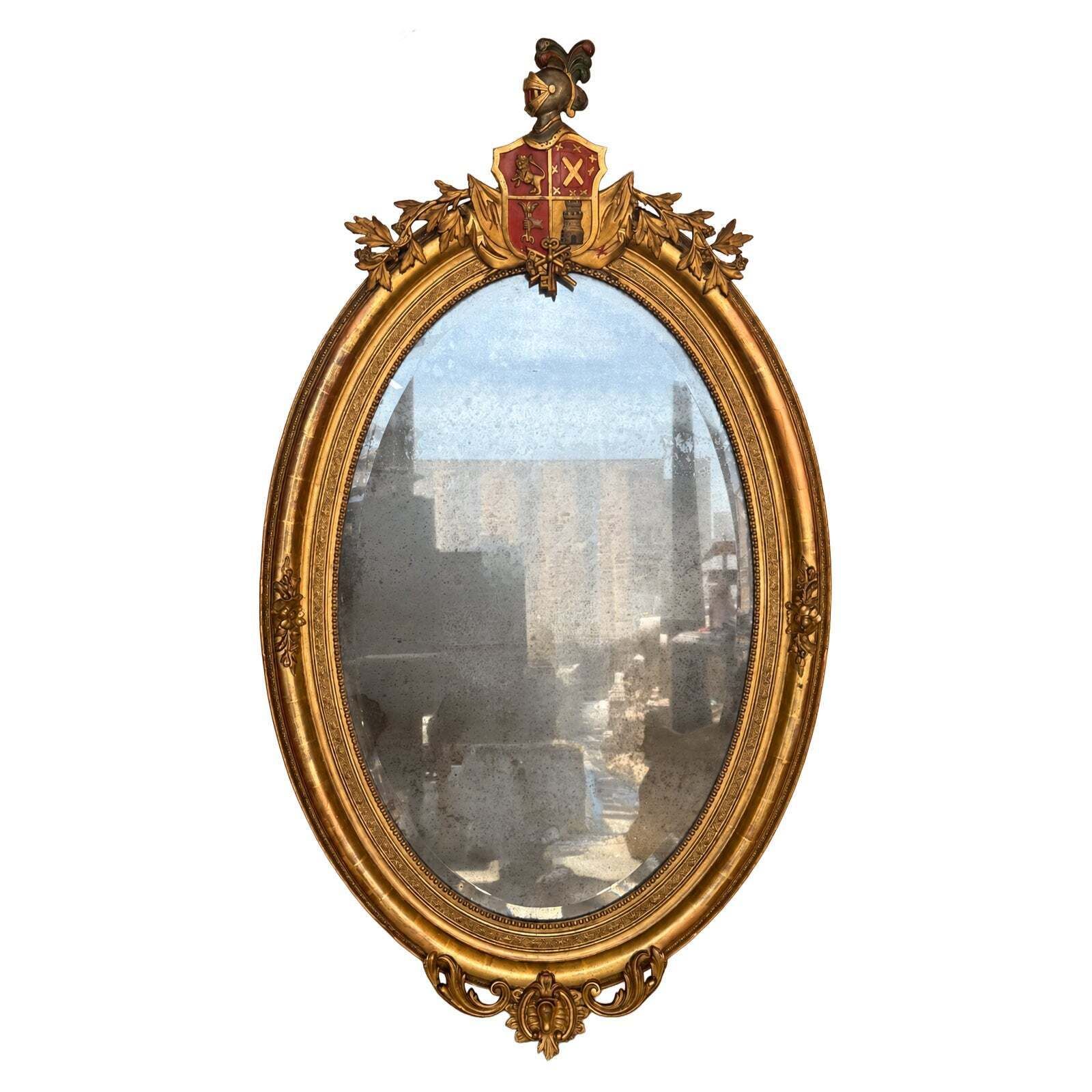 19th Century European Giltwood Oval Heraldic Mirror With Coat Of Arms