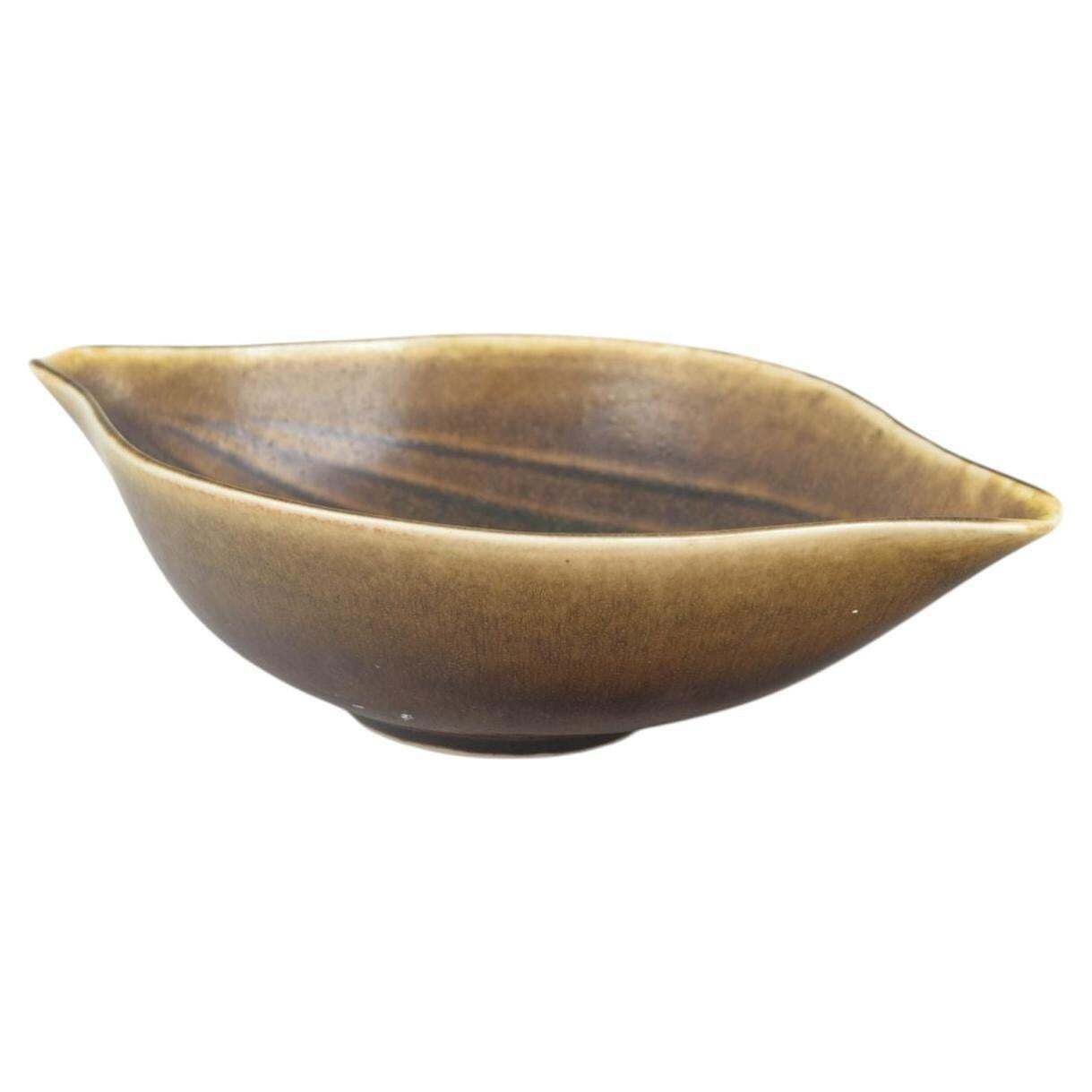 Edith Sonne For Saxbo. Stoneware Bowl With Organic Form And Brown Yellow Glaze.