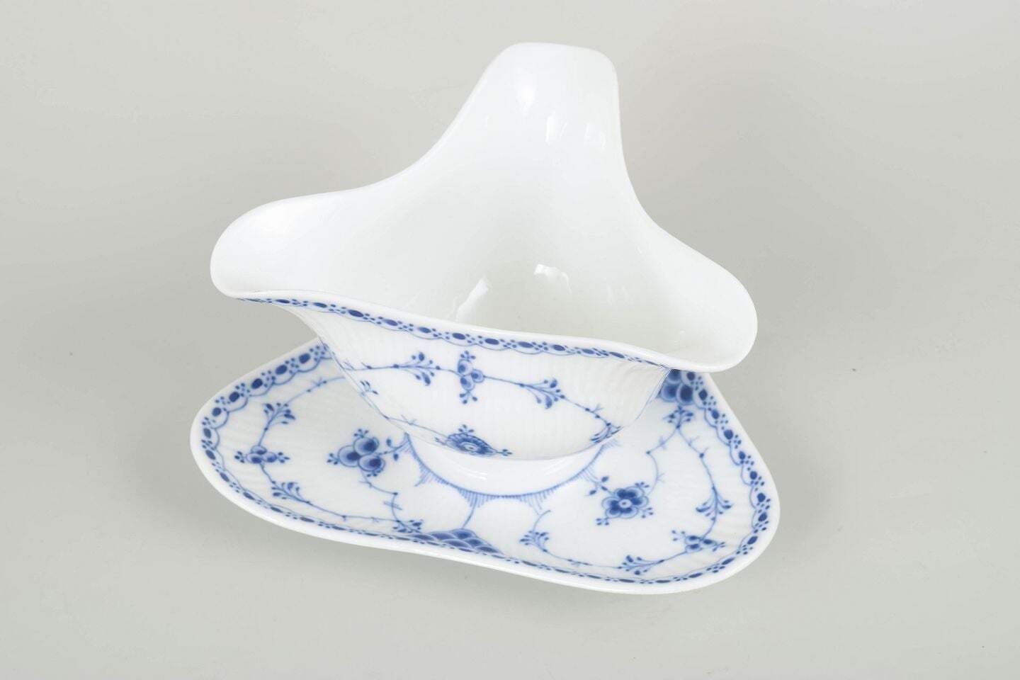 Royal Copenhagen, Blue Fluted Half Lace. Rare Tricorn Sauce Boat, 1920s photo furniture