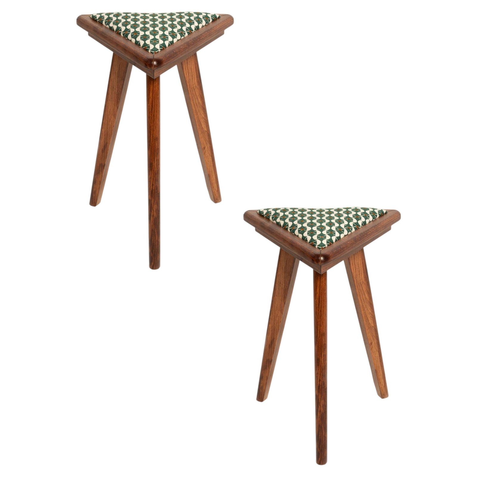 Twee mid-century driehoekige krukken, groen en wit art deco jacquard, Europa, 1960